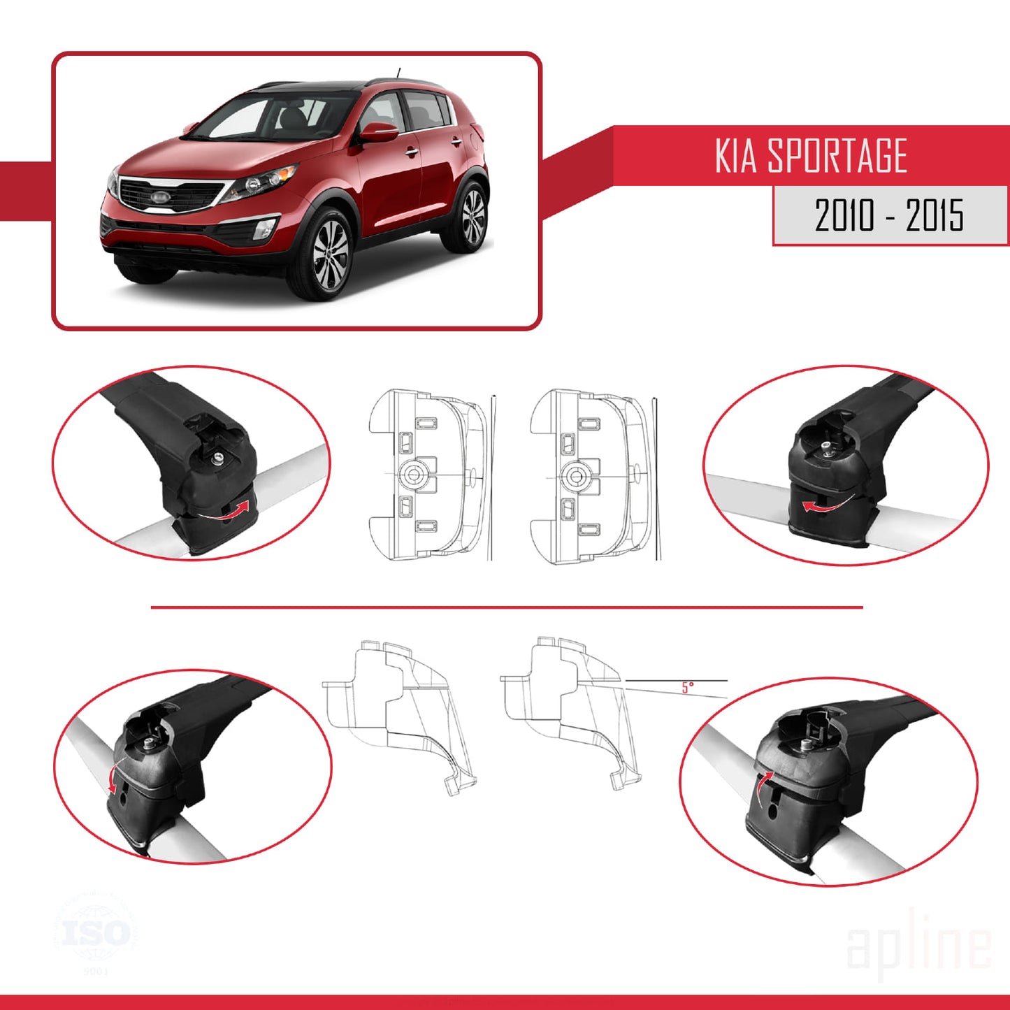 ACE-2 Dakdrager bagagedrager compatibel met Kia Sportage 3 (SL) 2010-2015 Spoorstaven Zwart Aluminium 2 Staven