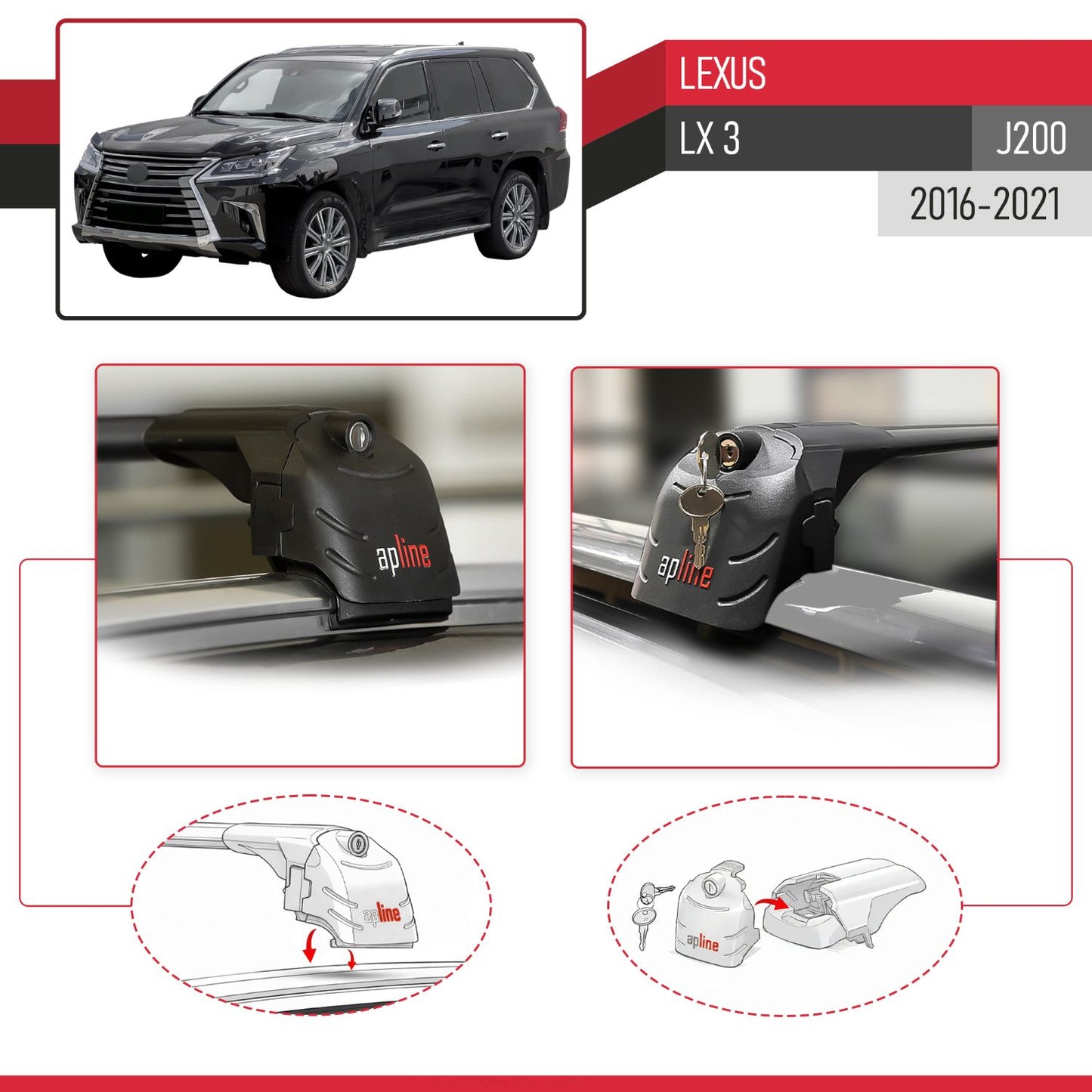 Compatible with Lexus LX 3 (J200) 2016-2021 ACE-2 Car Roof Rack Cross Bar Black Aluminium 2 Bars