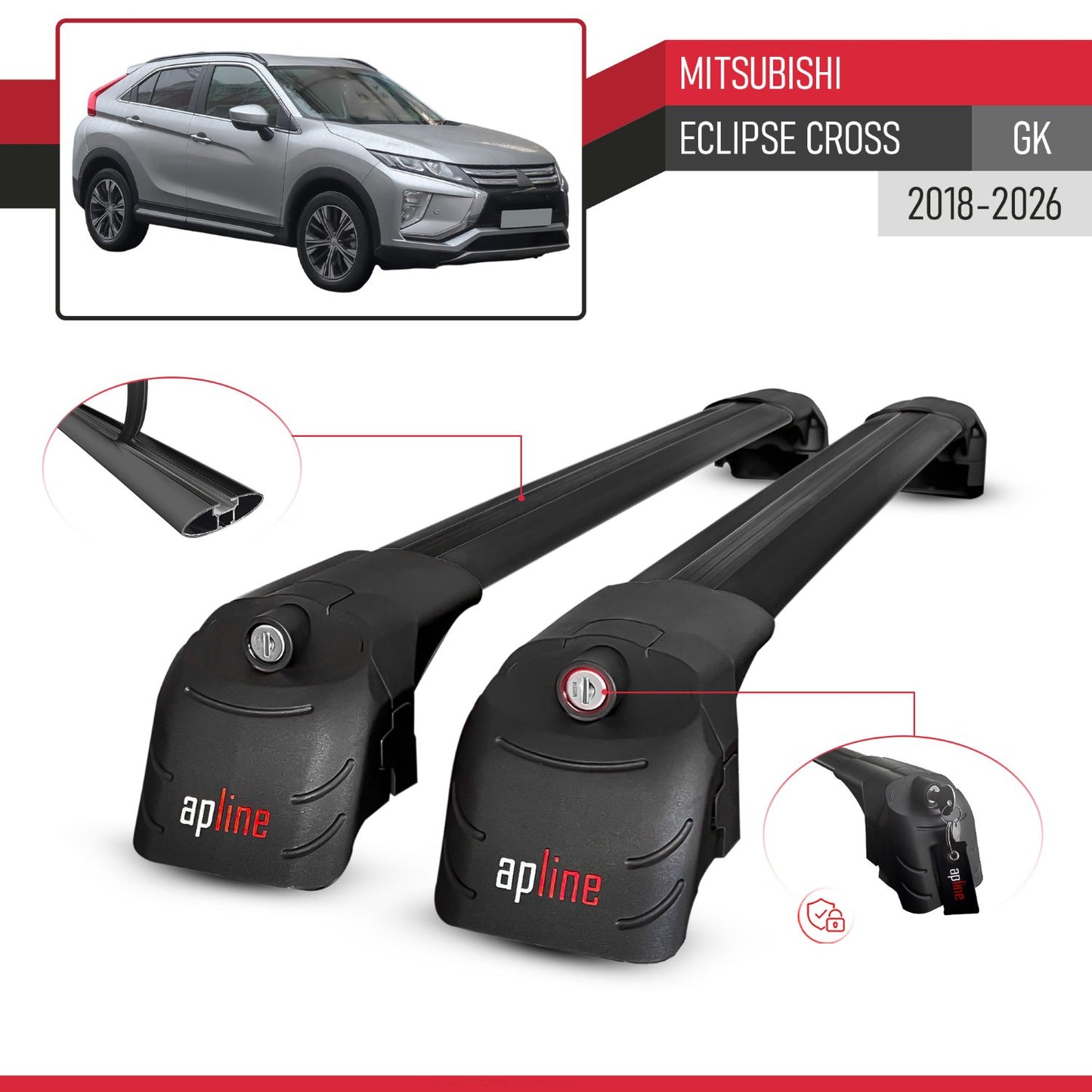 Compatible with Mitsubishi Eclipse Cross (GK) 2018-2025 ACE-2 Car Roof Rack Cross Bar Black Aluminium 2 Bars