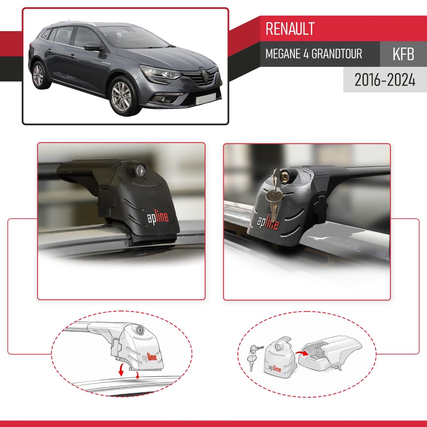 Compatible with Renault Megane 4 (KFB) Grandtour 2016-2023 ACE-2 Car Roof Rack Cross Bar Black Aluminium 2 Bars