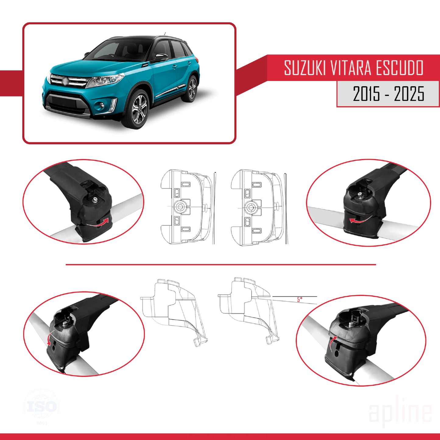ACE-2 Dakdrager bagagedrager compatibel met Suzuki Vitara/Escudo (LY) 2015-2025 Spoorstaven Zwart Aluminium 2 Staven