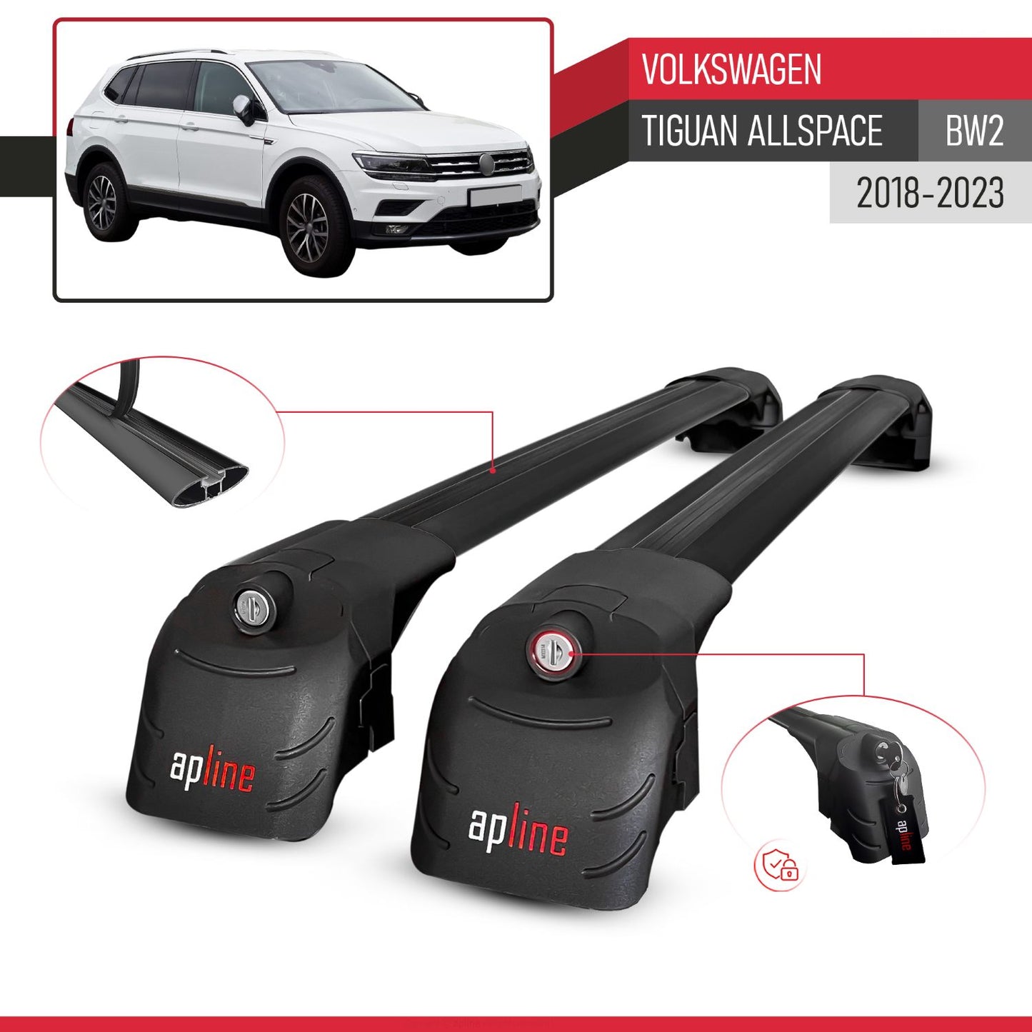 Compatible with Volkswagen Tiguan Allspace (BW) 2018-2023 ACE-2 Car Roof Rack Cross Bar Black Aluminium 2 Bars