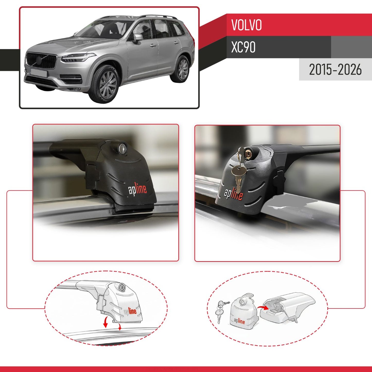 Compatible with Volvo XC90 II 2015-2025 ACE-2 Car Roof Rack Cross Bar Black Aluminium 2 Bars