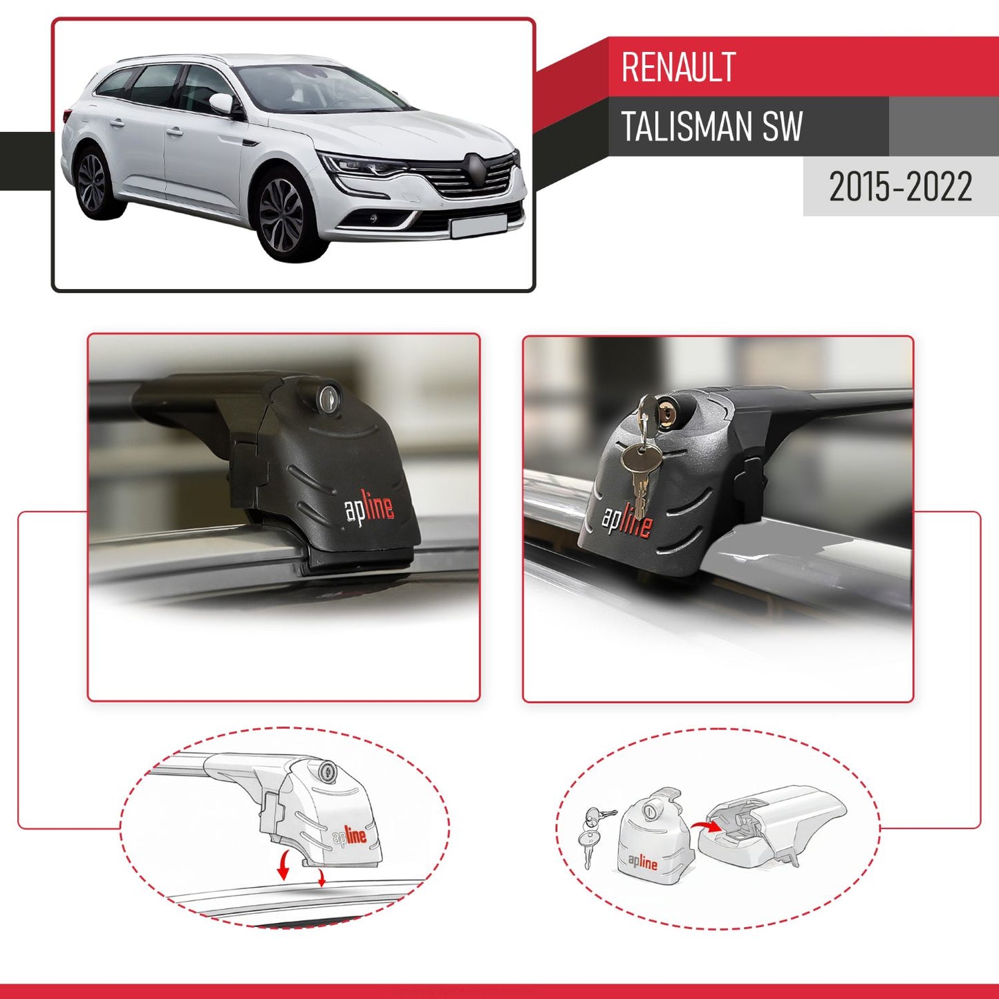 ACE-2 Dakdrager bagagedrager compatibel met Renault Talisman SW 2015-2022 Spoorstaven Zwart Aluminium 2 Staven