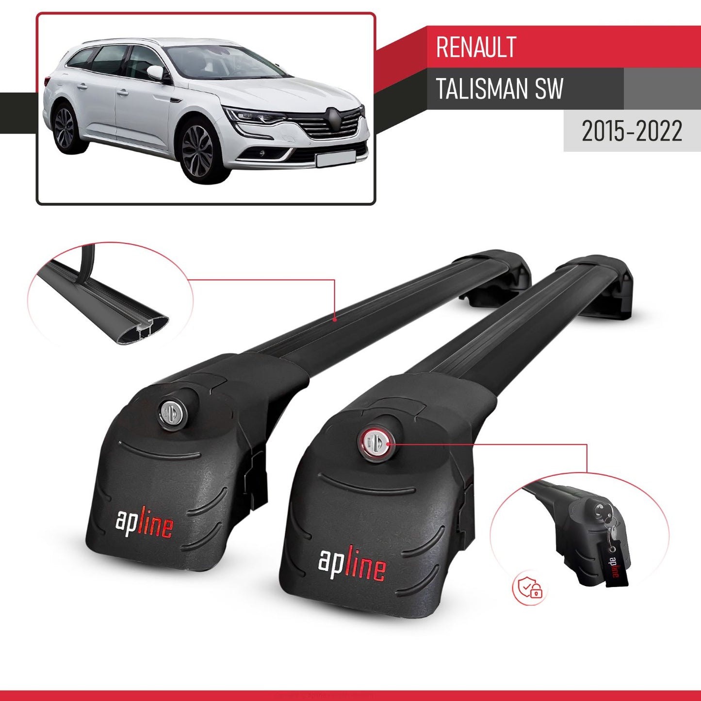 ACE-2 Dakdrager bagagedrager compatibel met Renault Talisman SW 2015-2022 Spoorstaven Zwart Aluminium 2 Staven
