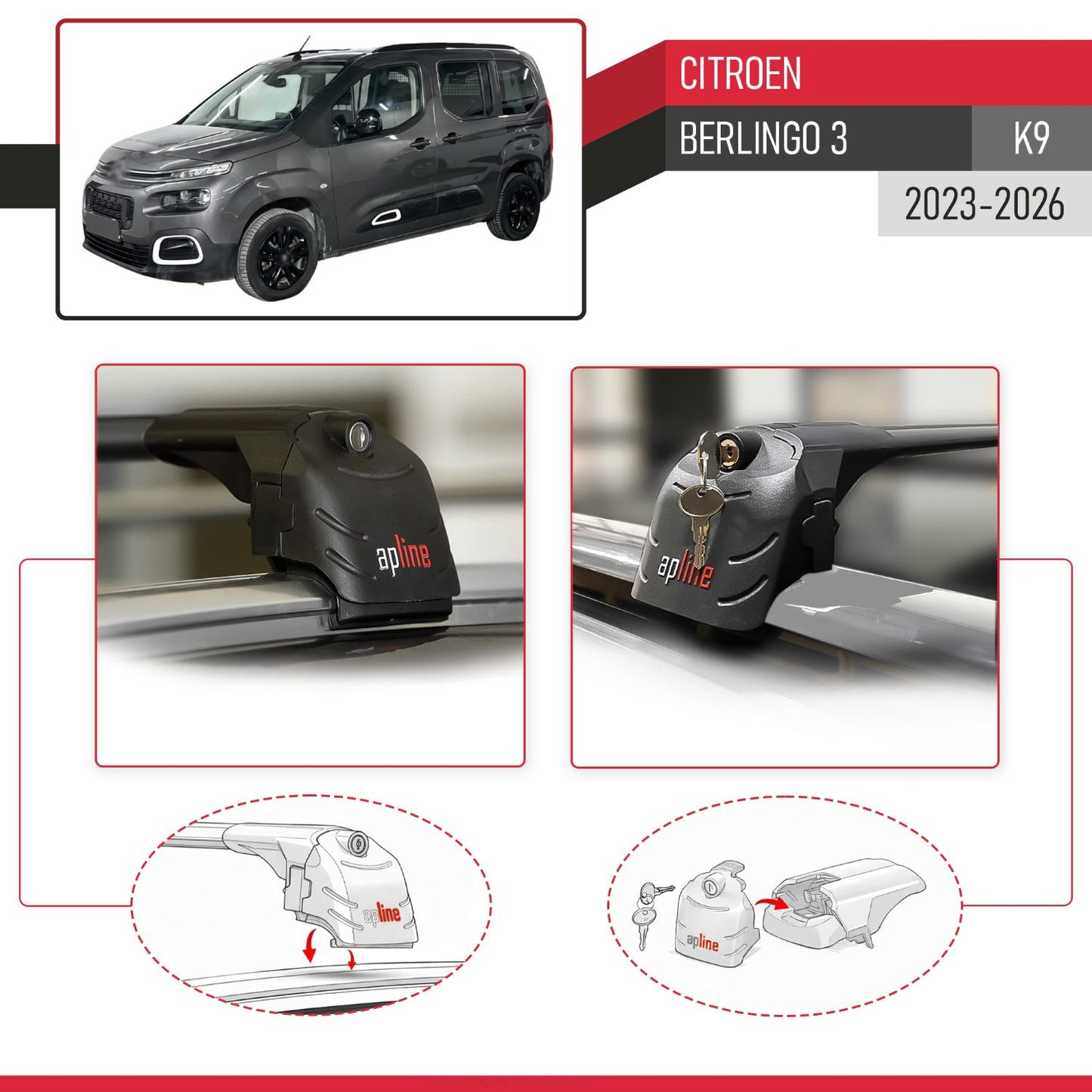 ACE-2 Dakdrager bagagedrager compatibel met Citroen Berlingo 3 (K9) 2023-2025 Spoorstaven Zwart Aluminium 2 Staven