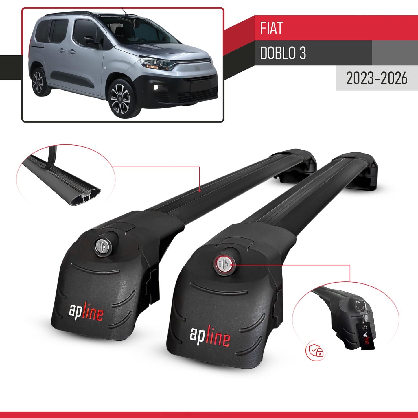 ACE-2 Dakdrager bagagedrager compatibel met Fiat Doblo 3 2023-2025 Spoorstaven Zwart Aluminium 2 Staven