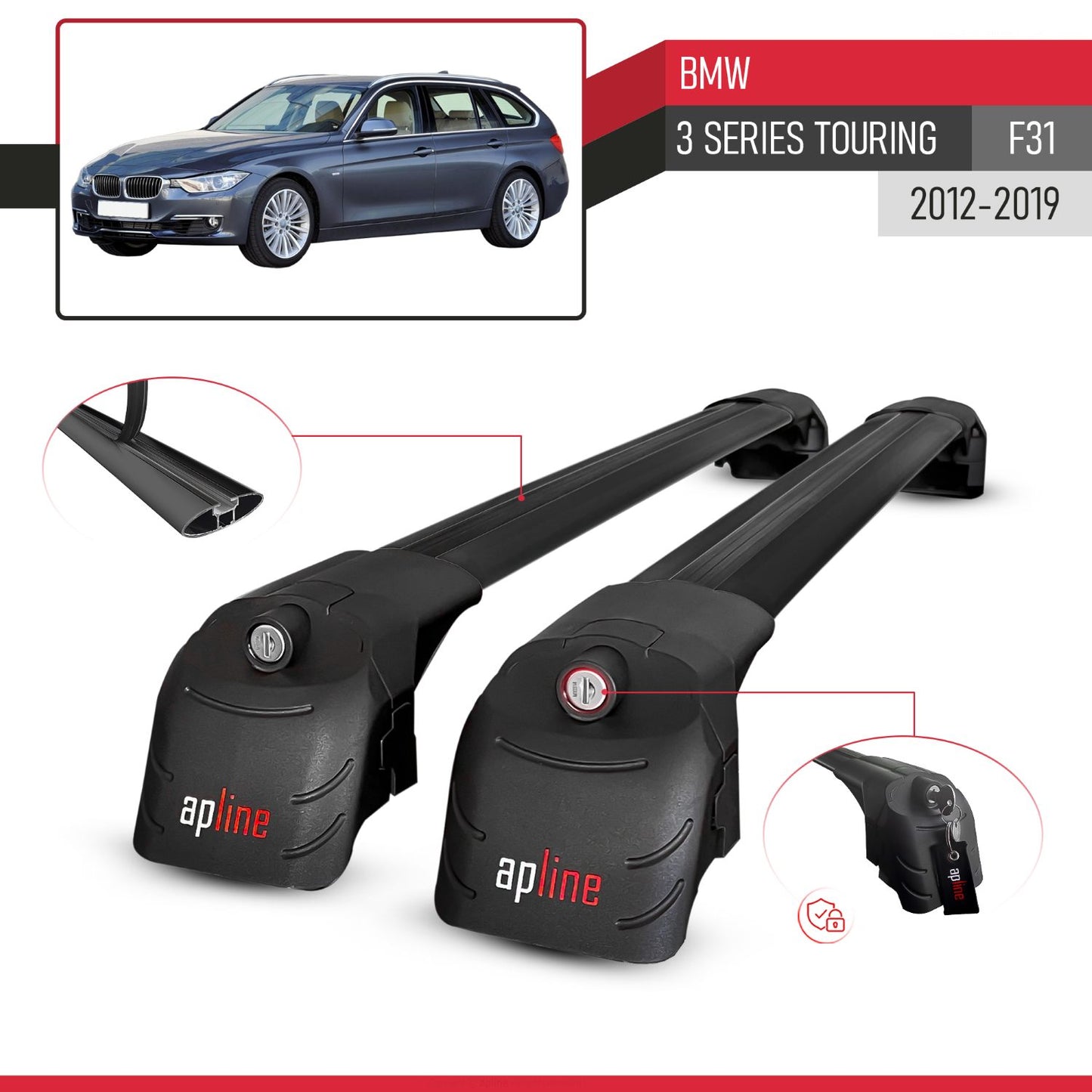ACE-2 Dakdrager bagagedrager compatibel met BMW Serie 3 (F31) Touring 2012-2019 Spoorstaven Zwart Aluminium 2 Staven