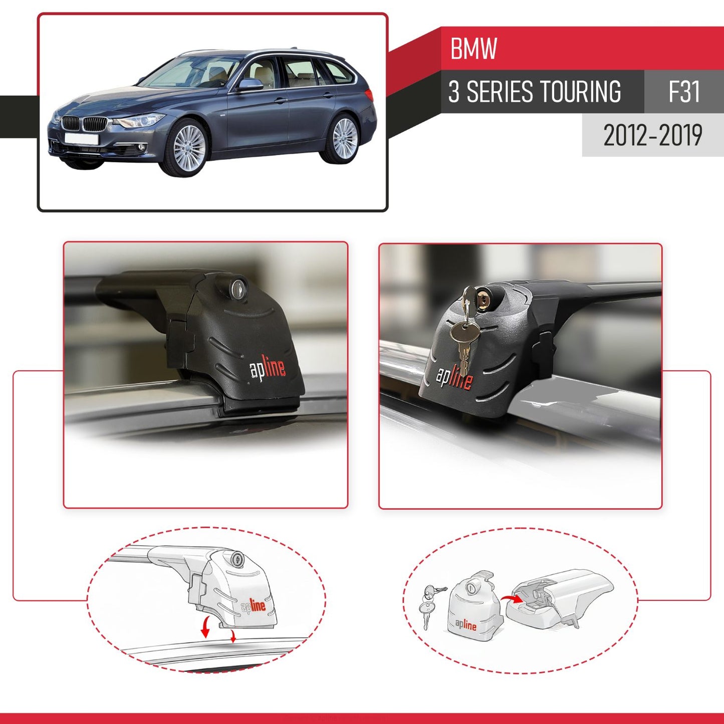 ACE-2 Dakdrager bagagedrager compatibel met BMW Serie 3 (F31) Touring 2012-2019 Spoorstaven Zwart Aluminium 2 Staven