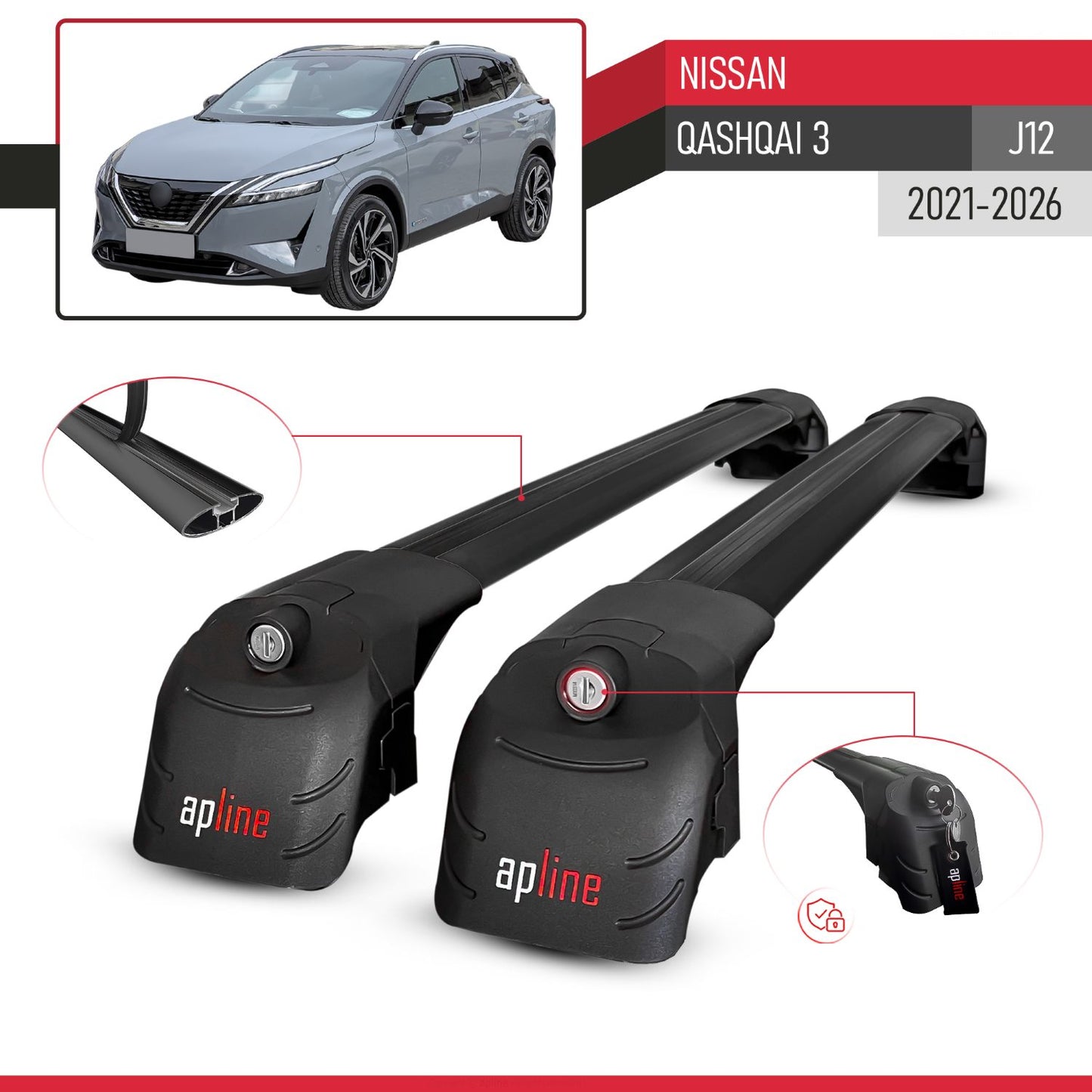 Compatible with Nissan Qashqai 3 (J12) 2022-2025 ACE-2 Car Roof Rack Cross Bar Black Aluminium 2 Bars