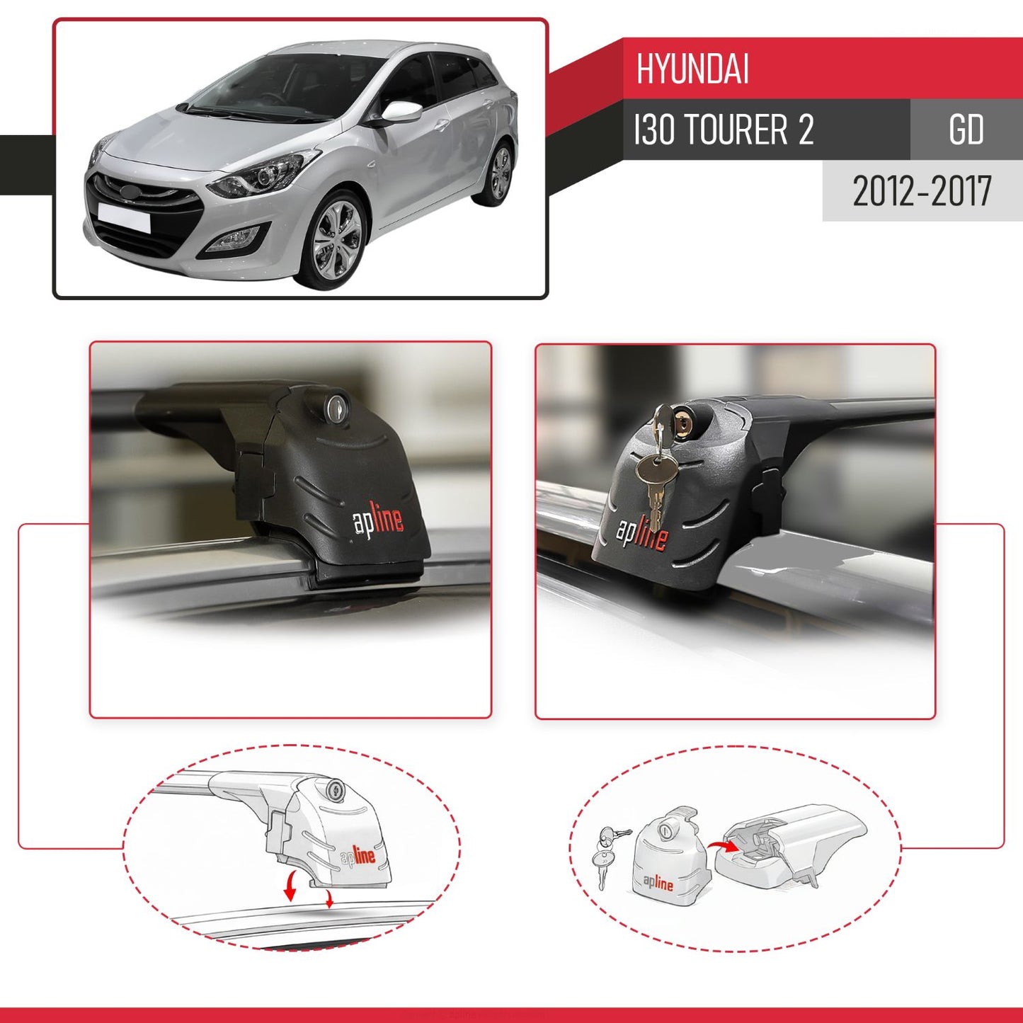 ACE-2 Dakdrager bagagedrager compatibel met Hyundai i30 2 (GD) Tourer 2012-2016 Spoorstaven Zwart Aluminium 2 Staven