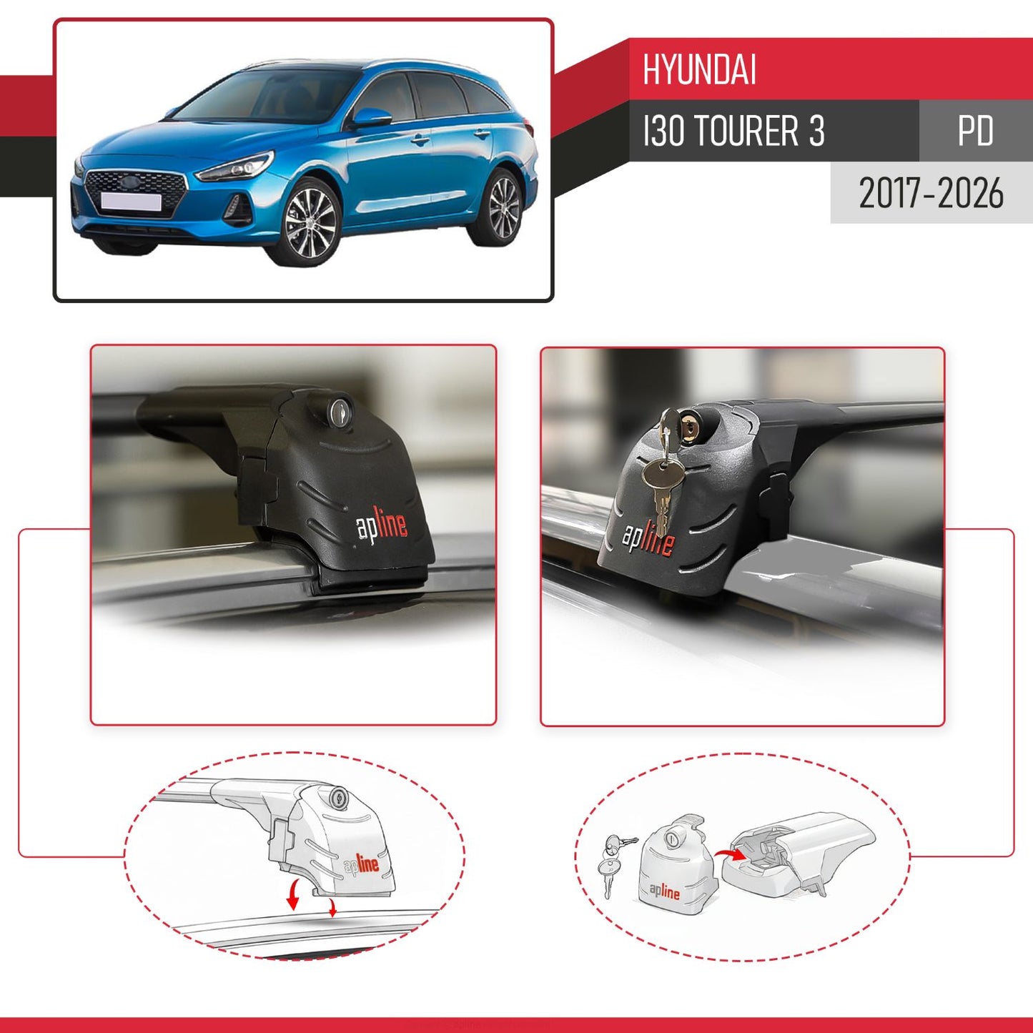 ACE-2 Dakdrager bagagedrager compatibel met Hyundai i30 3 (PD) Tourer 2017-2025 Spoorstaven Zwart Aluminium 2 Staven
