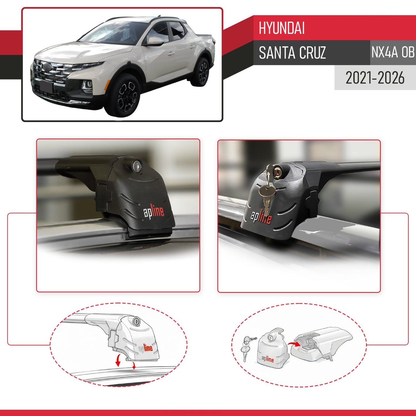 ACE-2 Dakdrager bagagedrager compatibel met Hyundai Santa Cruz (NX4A OB) 2022-2025 Spoorstaven Zwart Aluminium 2 Staven