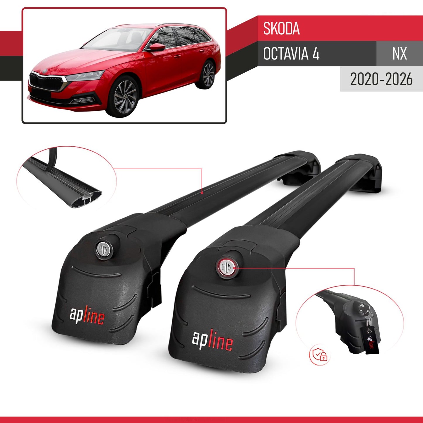 ACE-2 Dakdrager bagagedrager compatibel met Skoda Octavia 4 (NX) 2020-2025 Spoorstaven Zwart Aluminium 2 Staven