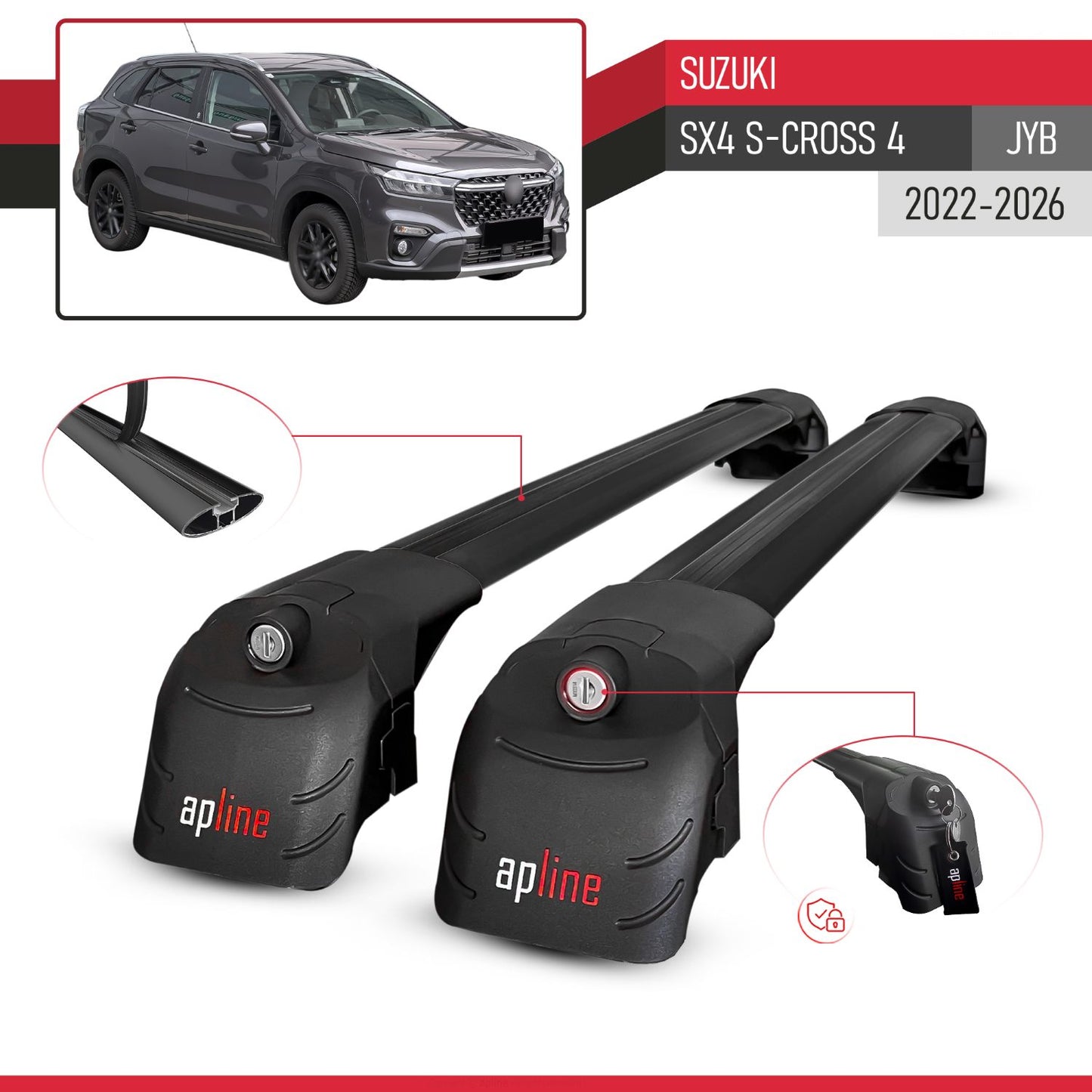 Compatible with Suzuki SX4 S-Cross 4 (JY) 2022-2025 ACE-2 Car Roof Rack Cross Bar Black Aluminium 2 Bars