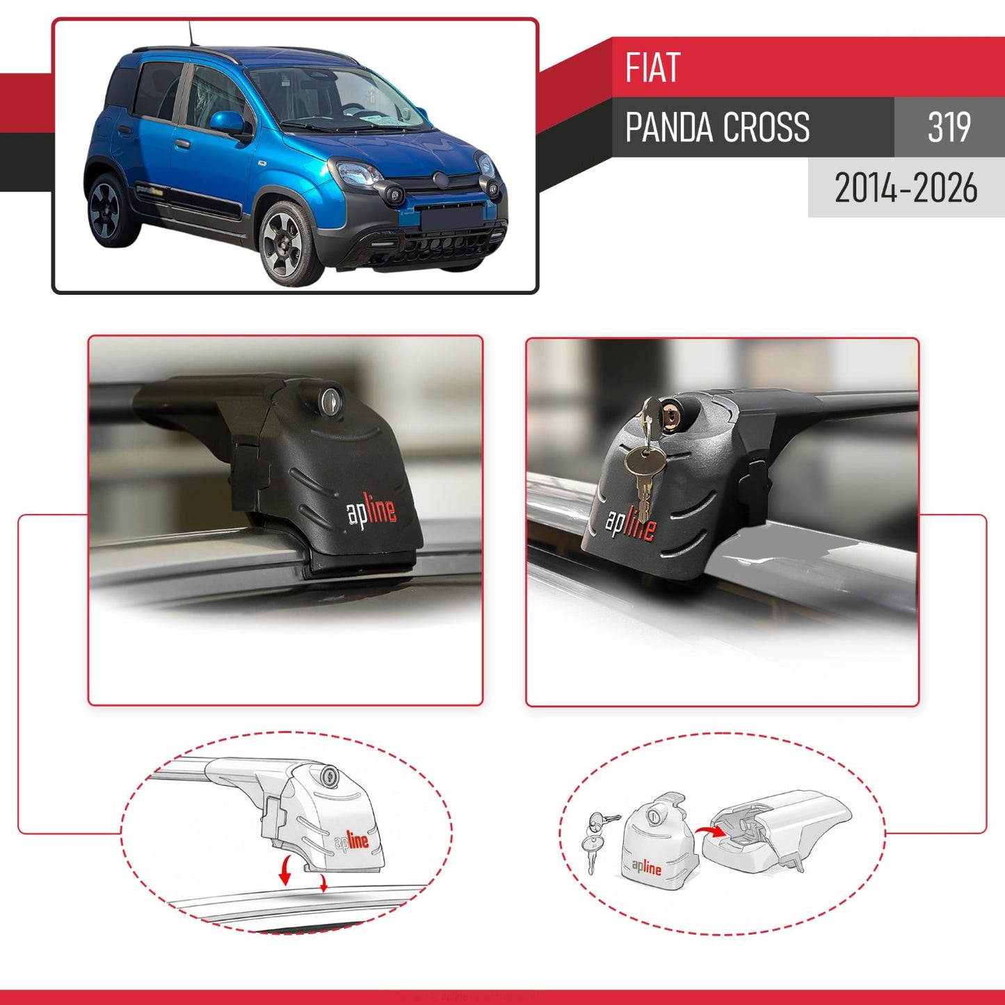 ACE-2 Dakdrager bagagedrager compatibel met Fiat Panda Cross 2014-2025 Spoorstaven Zwart Aluminium 2 Staven