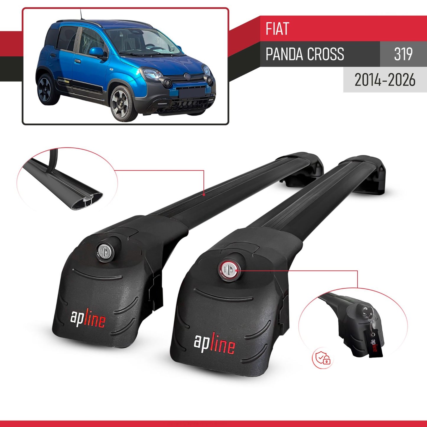 ACE-2 Dakdrager bagagedrager compatibel met Fiat Panda Cross 2014-2025 Spoorstaven Zwart Aluminium 2 Staven