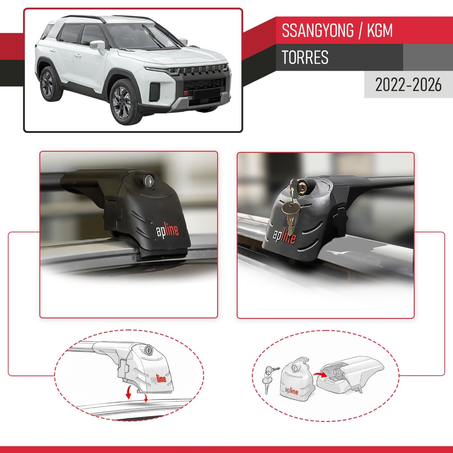Compatible with SsangYong Torres 2022-2025 ACE-2 Car Roof Rack Cross Bar Black Aluminium 2 Bars
