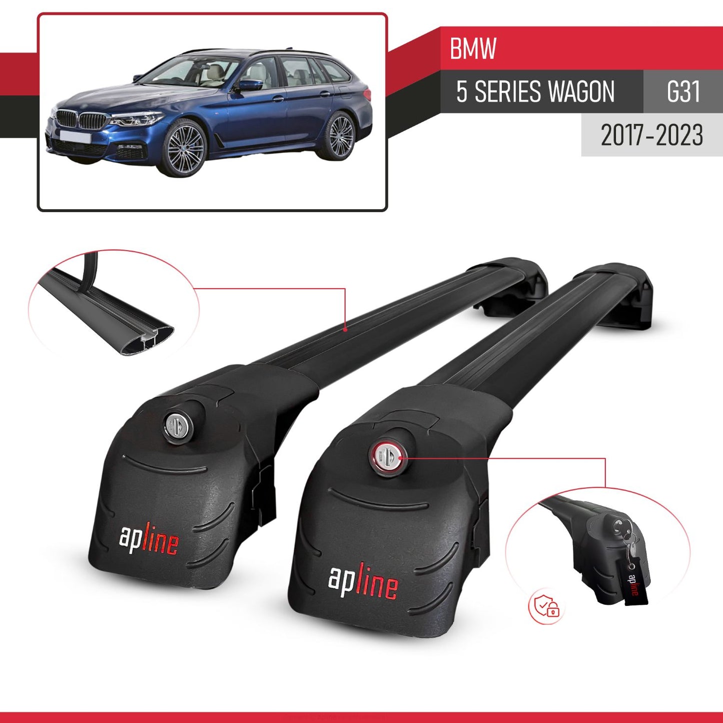 Compatible with BMW 5 Series G31 Wagon 2017-2023 ACE-2 Car Roof Rack Cross Bar Black Aluminium 2 Bars