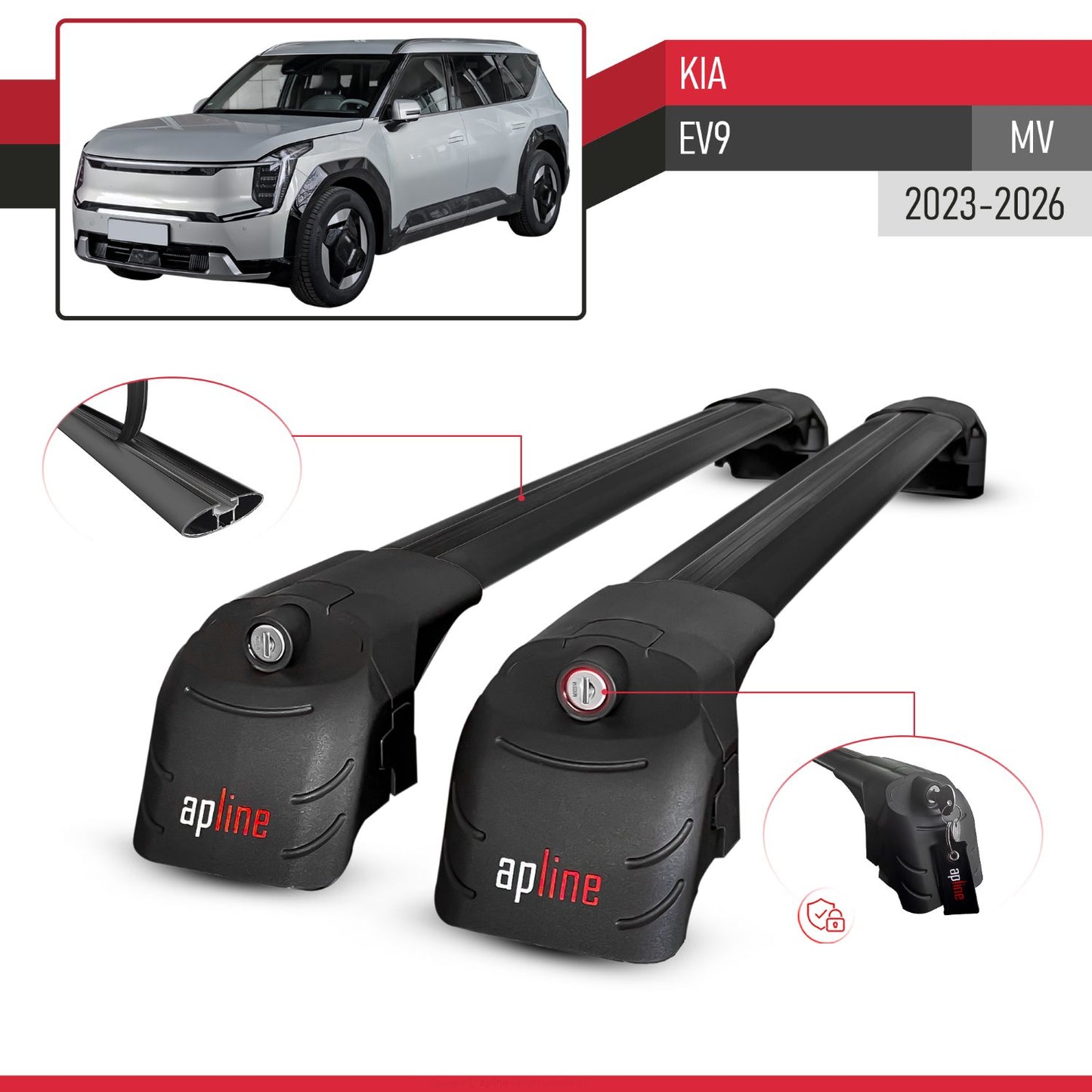 Compatible with Kia E V9 2024-2025 ACE-2 Car Roof Rack Cross Bar Black Aluminium 2 Bars