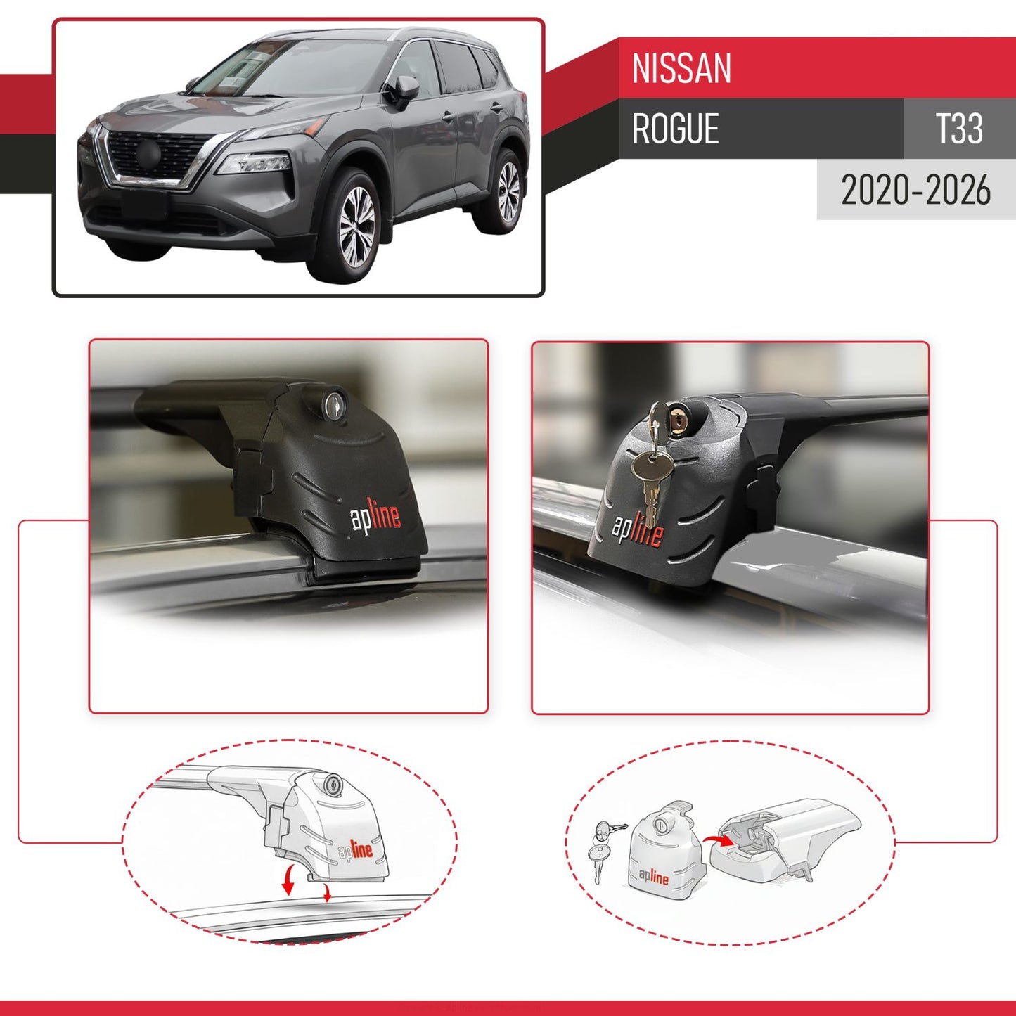 ACE-2 Dakdrager bagagedrager compatibel met Nissan Rogue 2020-2022 Spoorstaven Zwart Aluminium 2 Staven