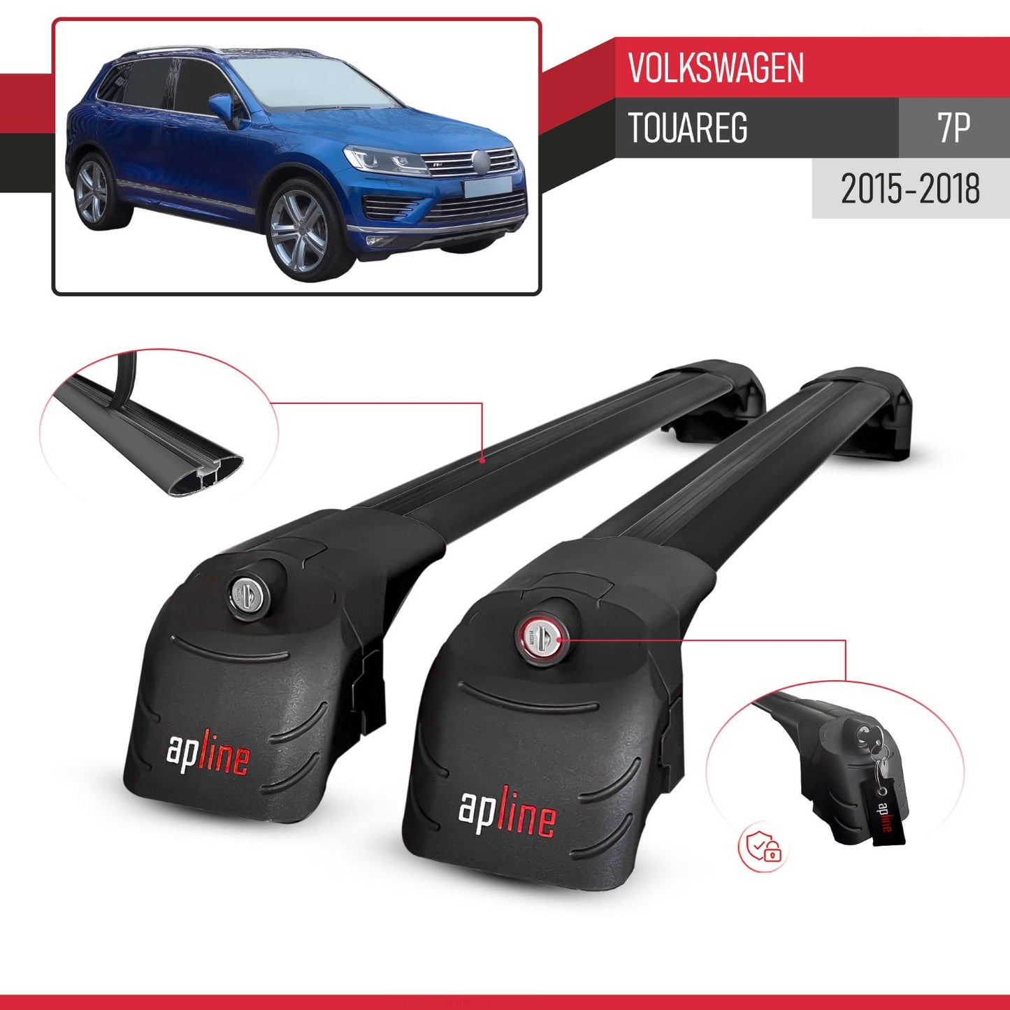 ACE-2 Dakdrager bagagedrager compatibel met VW Touareg 2015-2018 Spoorstaven Zwart Aluminium 2 Staven