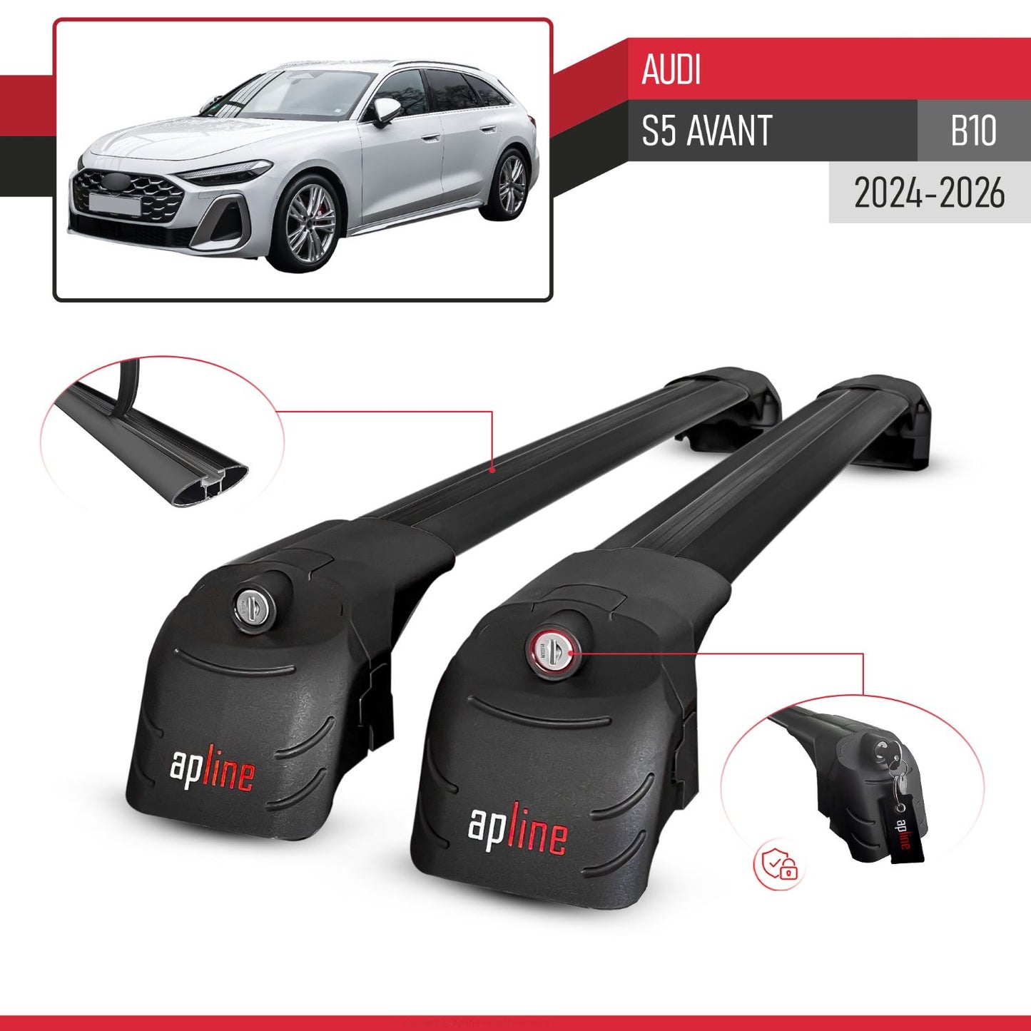 Compatible with Audi S5 Avant 2024-2025 ACE-2 Car Roof Rack Cross Bar Black Aluminium 2 Bars