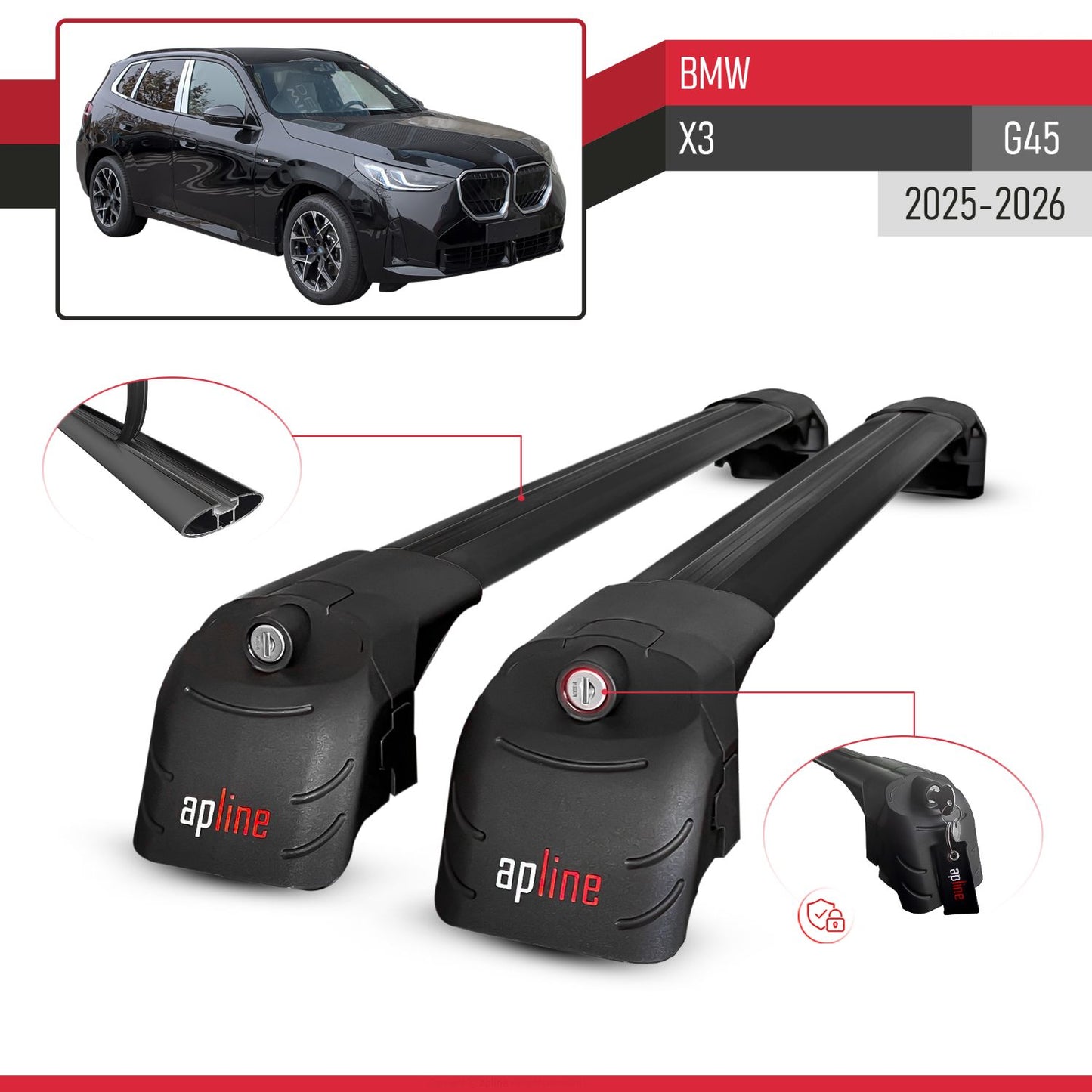 Compatible with BMW X3 (G45) 2025 ACE-2 Car Roof Rack Cross Bar Black Aluminium 2 Bars