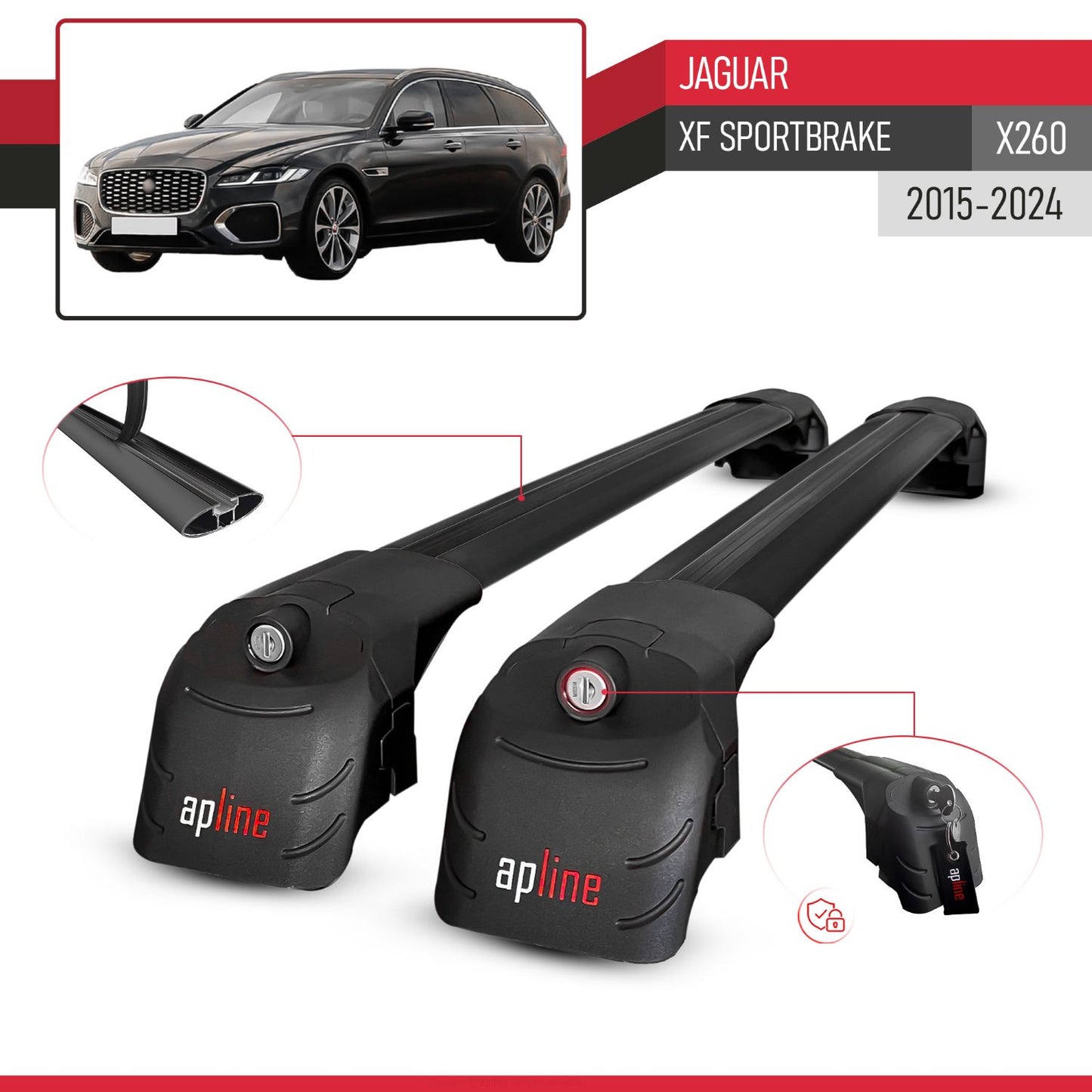 Compatible with Jaguar XF Sportbrake 2021-2024 ACE-2 Car Roof Rack Cross Bar Black Aluminium 2 Bars