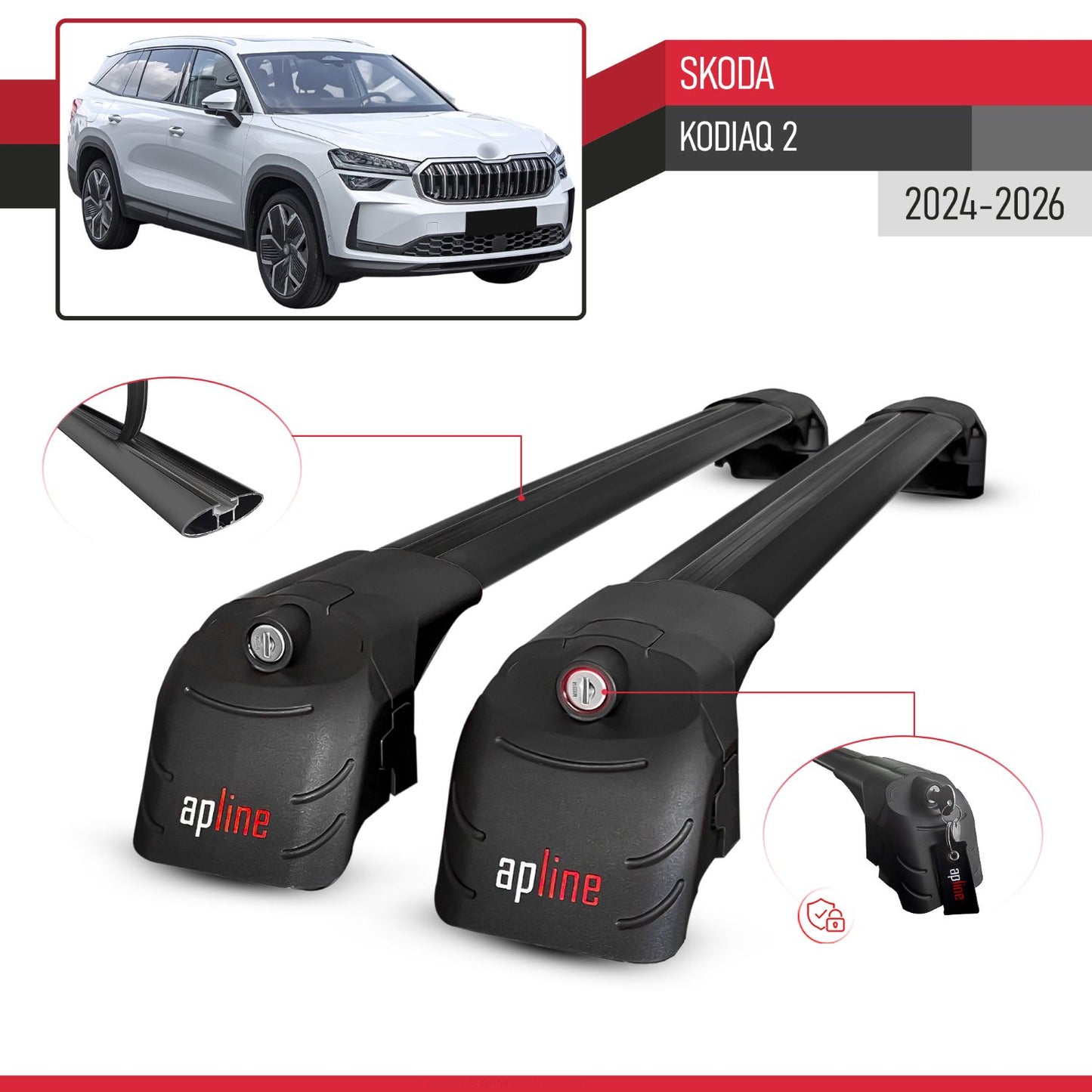 ACE-2 Dakdrager bagagedrager compatibel met Skoda Kodiaq 2024-2025 Spoorstaven Zwart Aluminium 2 Staven