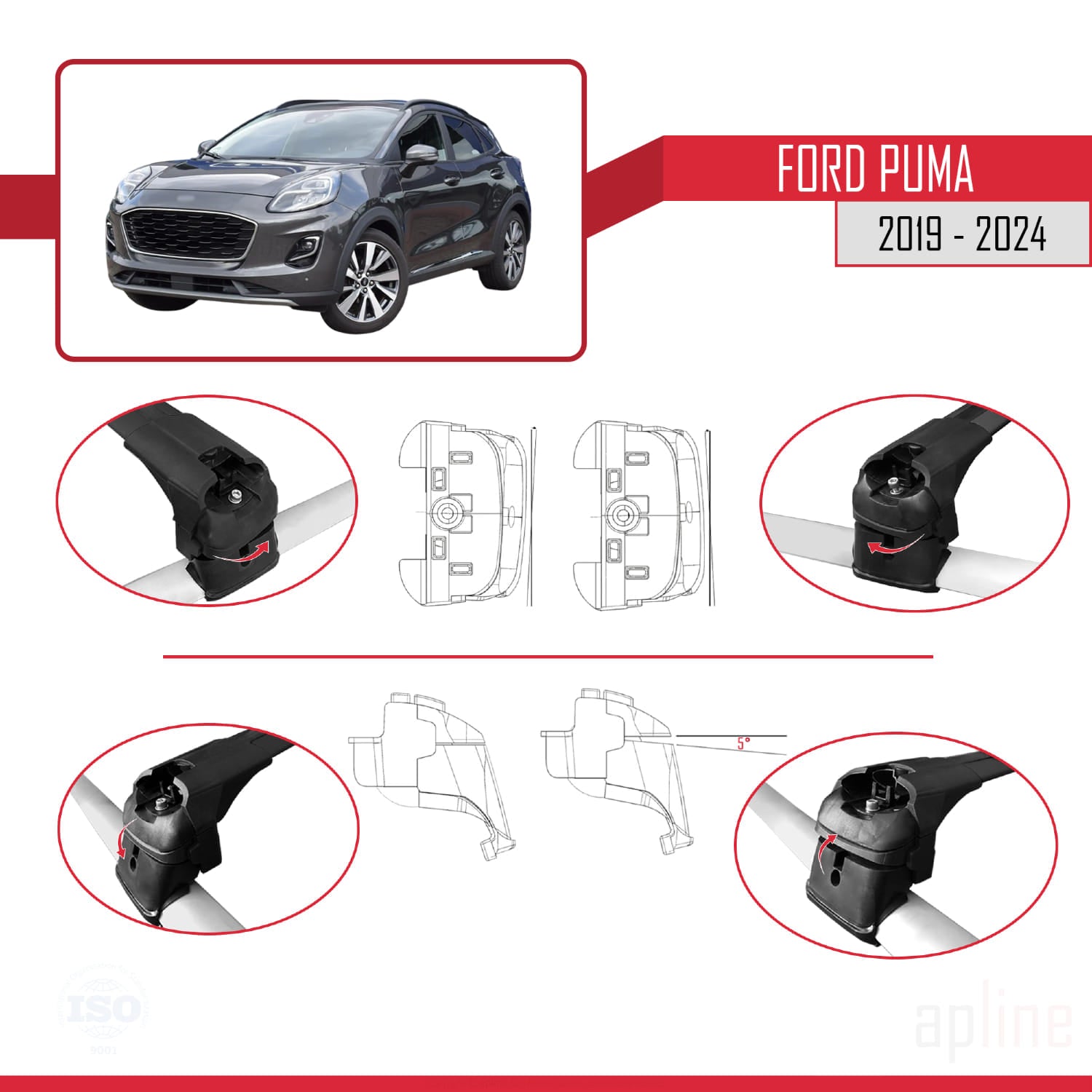 Compatible avec Ford Puma 2019-2024 ACE-2 Barres de Toit Railing Porte-Bagages de Voiture Noir Aluminium 2 Barres