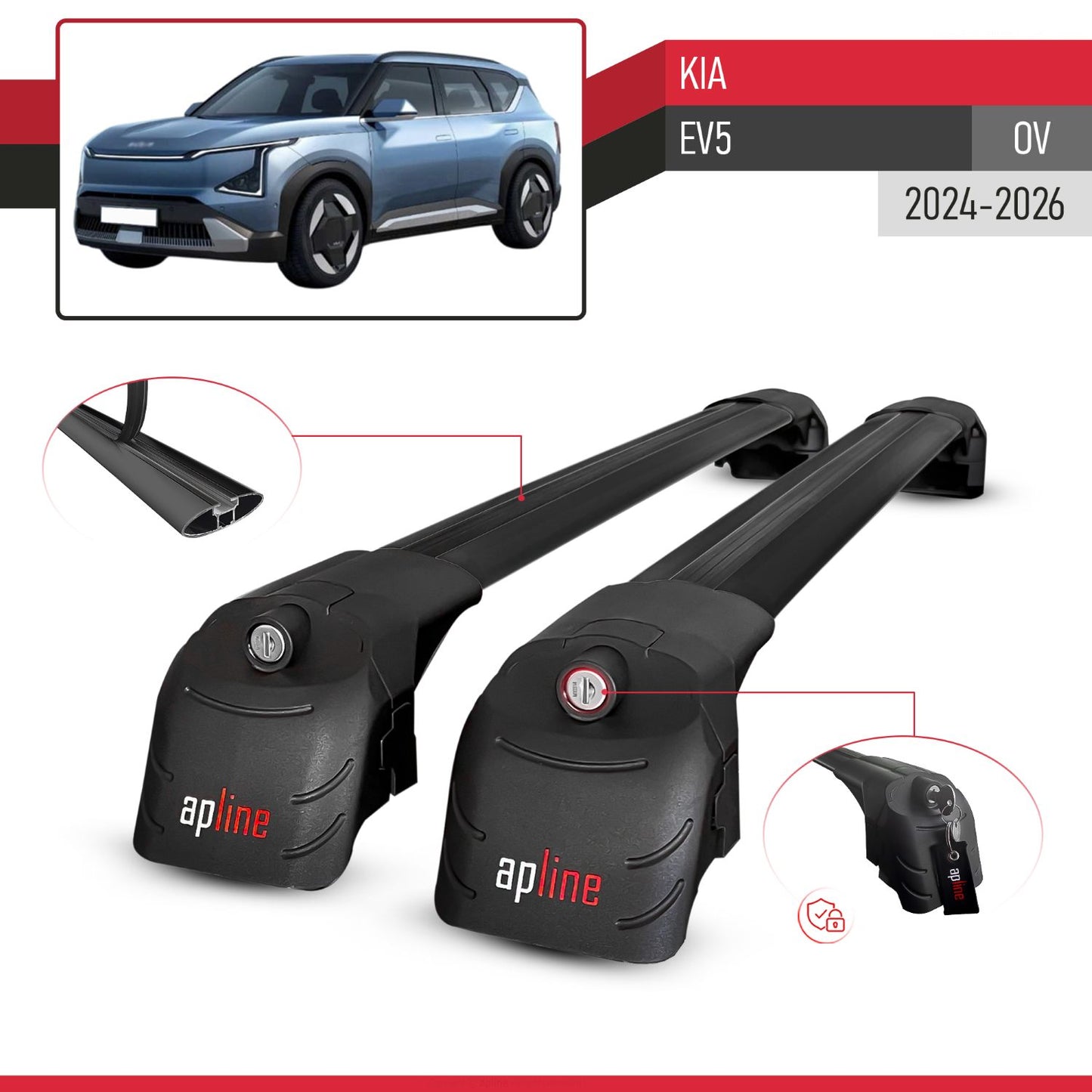 ACE-2 Dakdrager bagagedrager compatibel met Kia EV5 2024-2025 Spoorstaven Zwart Aluminium 2 Staven