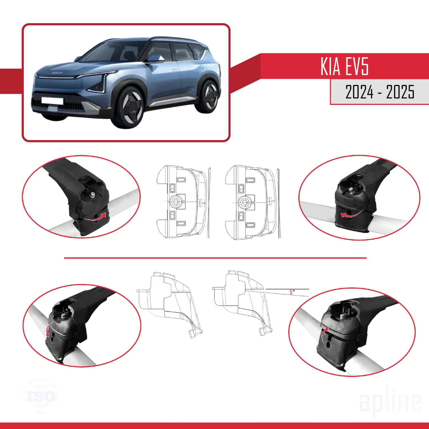 Compatible avec Kia EV5 2024-2025 ACE-2 Barres de Toit Railing Porte-Bagages de Voiture Noir Aluminium 2 Barres