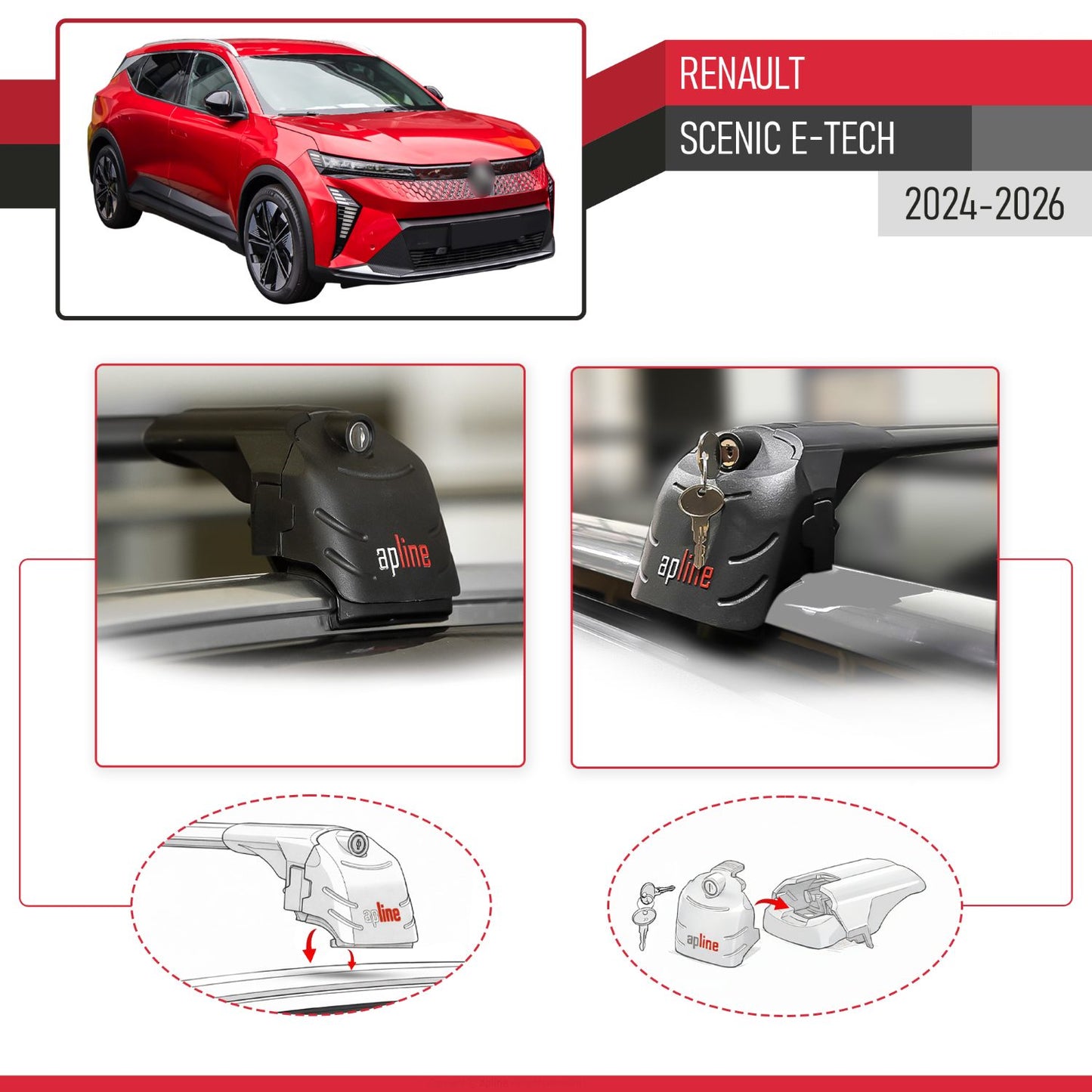 Compatible with Renault Scenic E-Tech 2024-2025 ACE-2 Car Roof Rack Cross Bar Black Aluminium 2 Bars