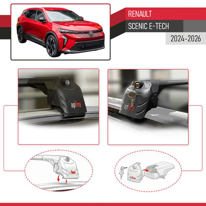 Compatible with Renault Scenic E-Tech 2024-2025 ACE-2 Car Roof Rack Cross Bar Black Aluminium 2 Bars