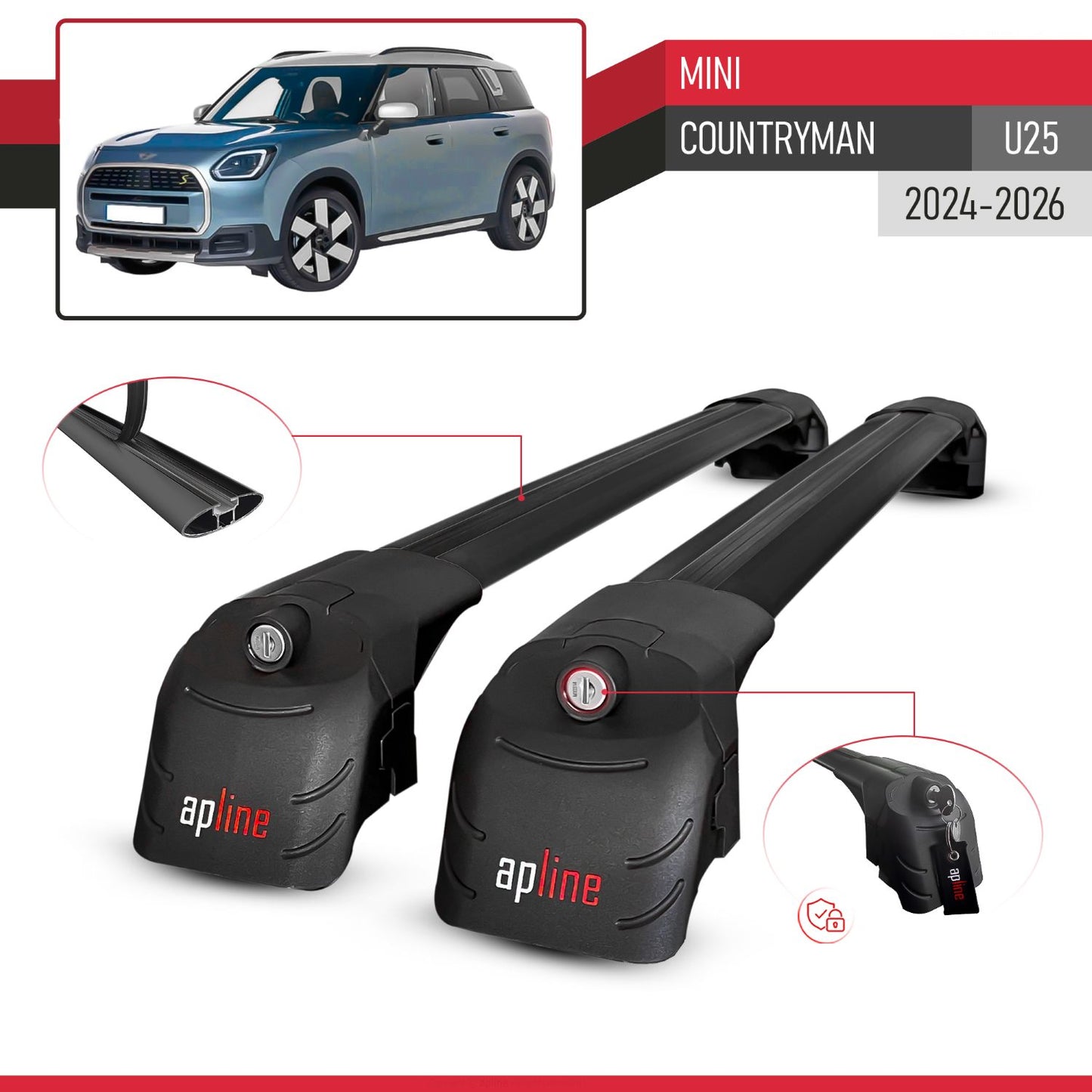 ACE-2 Dakdrager bagagedrager compatibel met Mini Countryman 2024-2025 Spoorstaven Zwart Aluminium 2 Staven