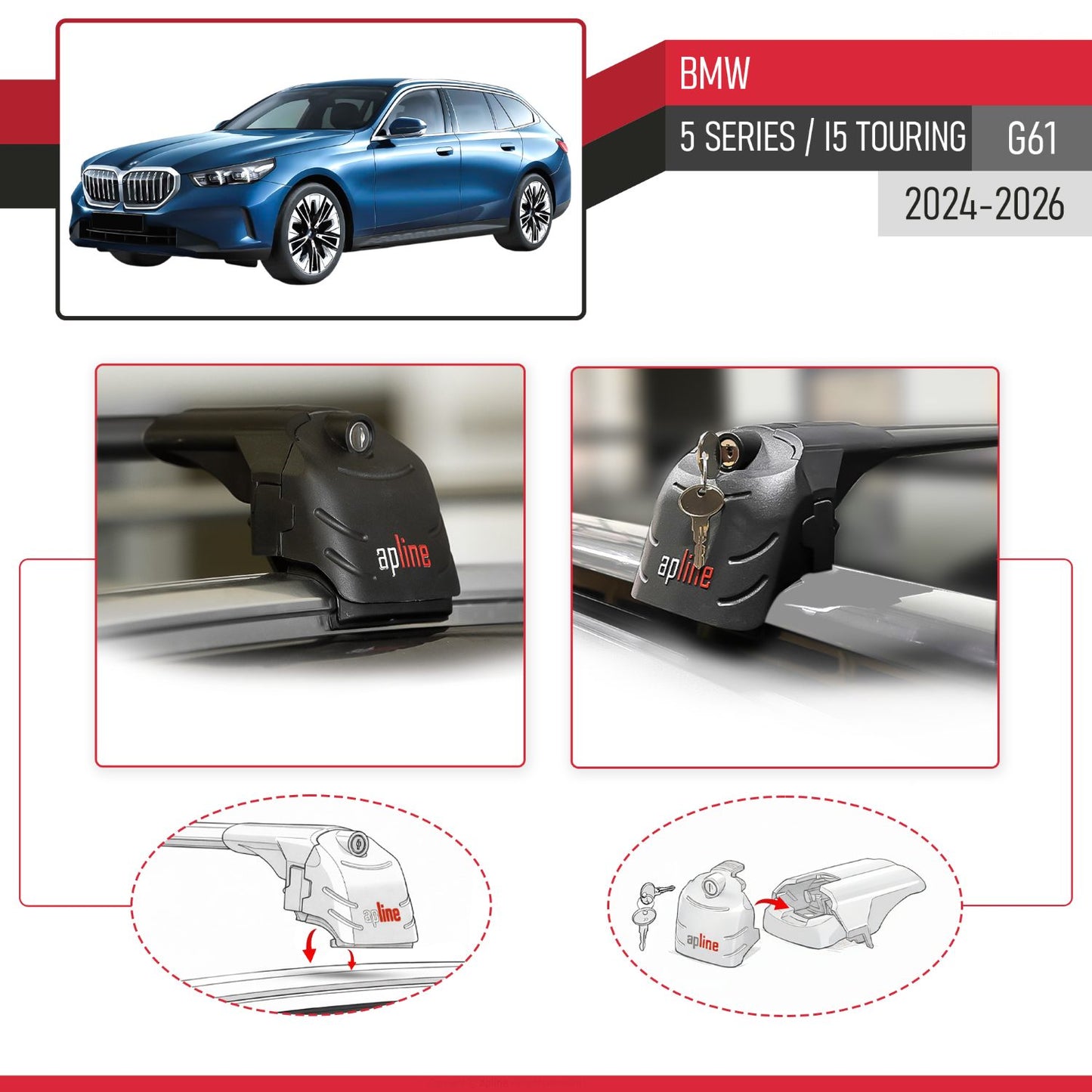 ACE-2 Dakdrager bagagedrager compatibel met BMW 5 Series / i5 G61 Touring 2024-2025 Spoorstaven Zwart Aluminium 2 Staven