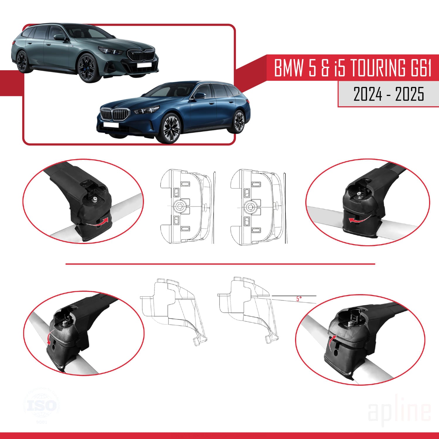 Compatible avec BMW 5 Series / i5 G61 Touring 2024-2025 ACE-2 Barres de Toit Railing Porte-Bagages de Voiture Noir Aluminium 2 Barres