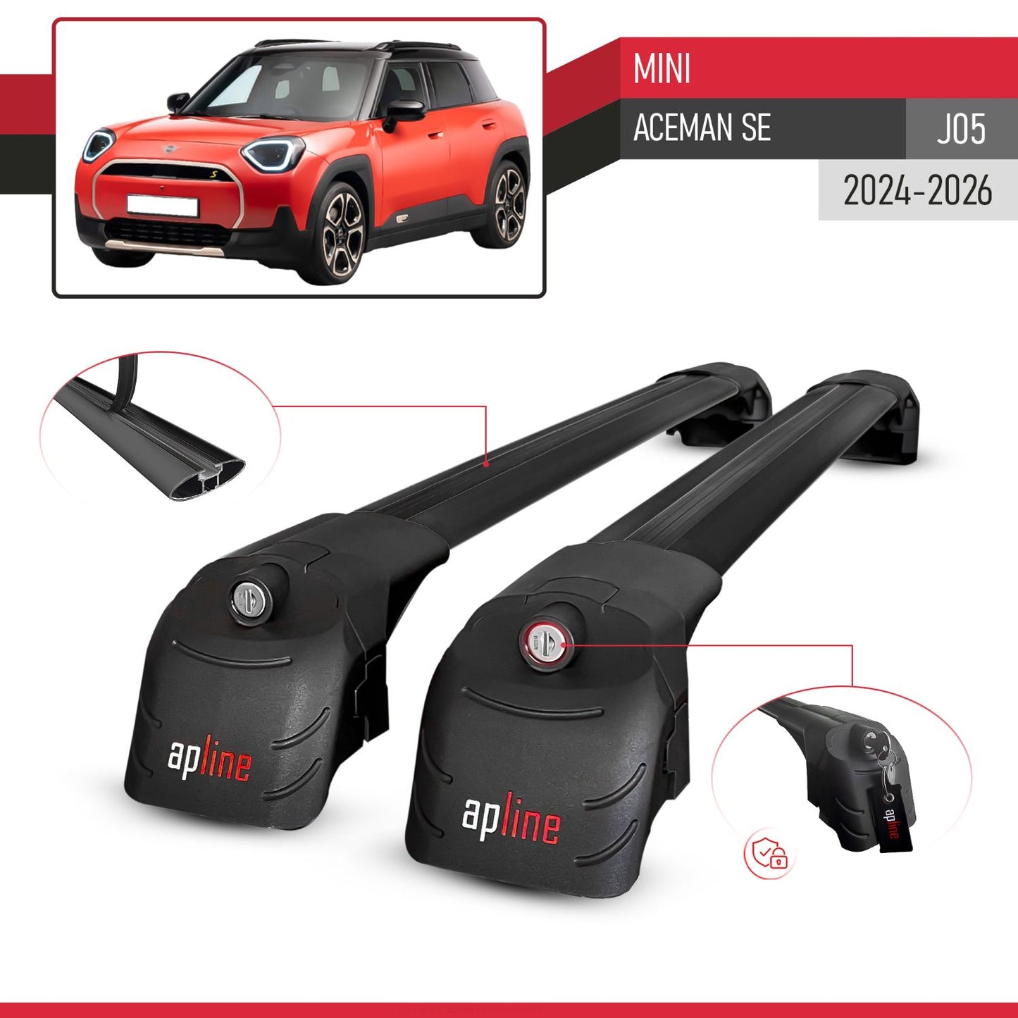 Compatible with Mini Aceman SE 2024-2025 ACE-2 Car Roof Rack Cross Bar Black Aluminium 2 Bars