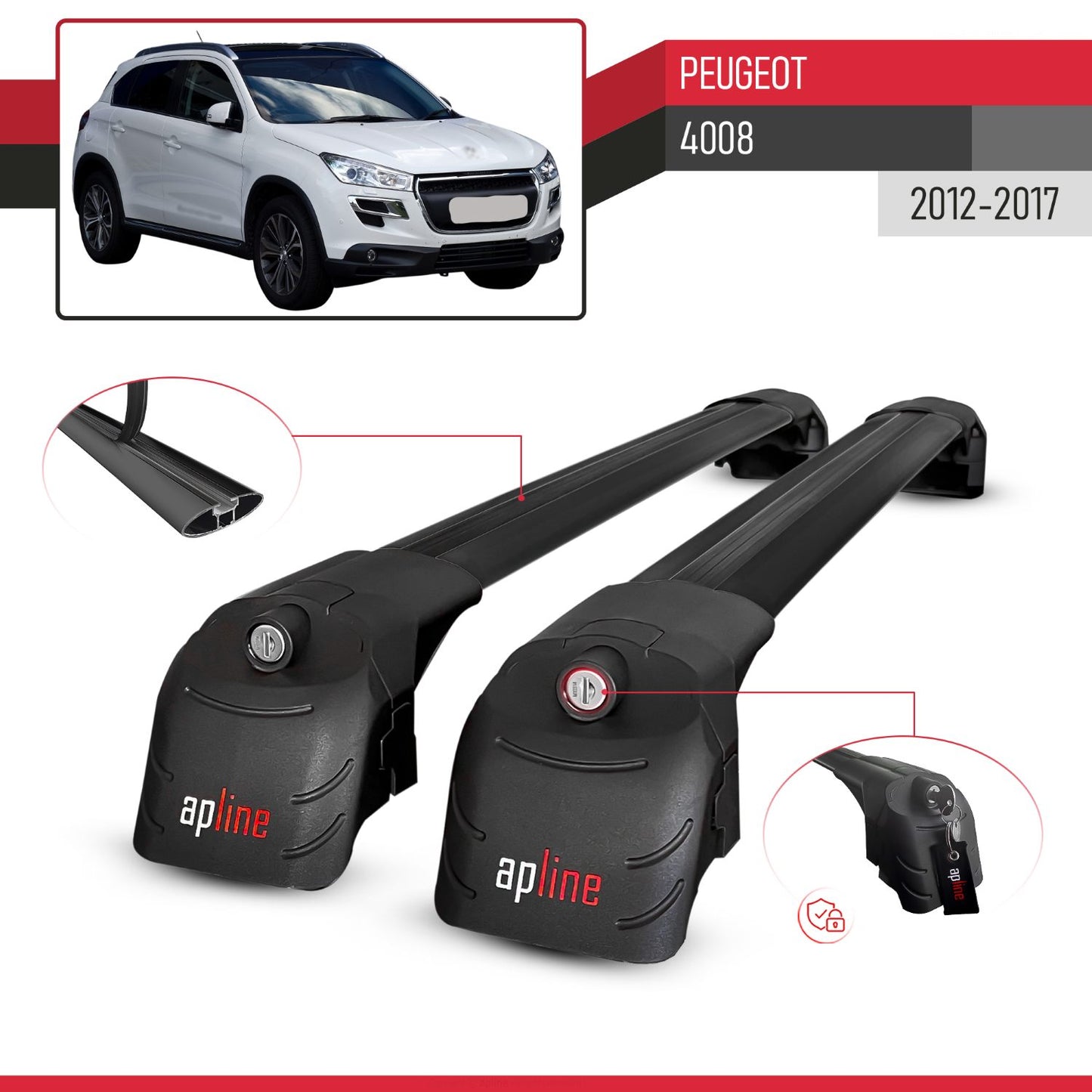 ACE-2 Dakdrager bagagedrager compatibel met Peugeot 4008 2012-2017 Spoorstaven Zwart Aluminium 2 Staven