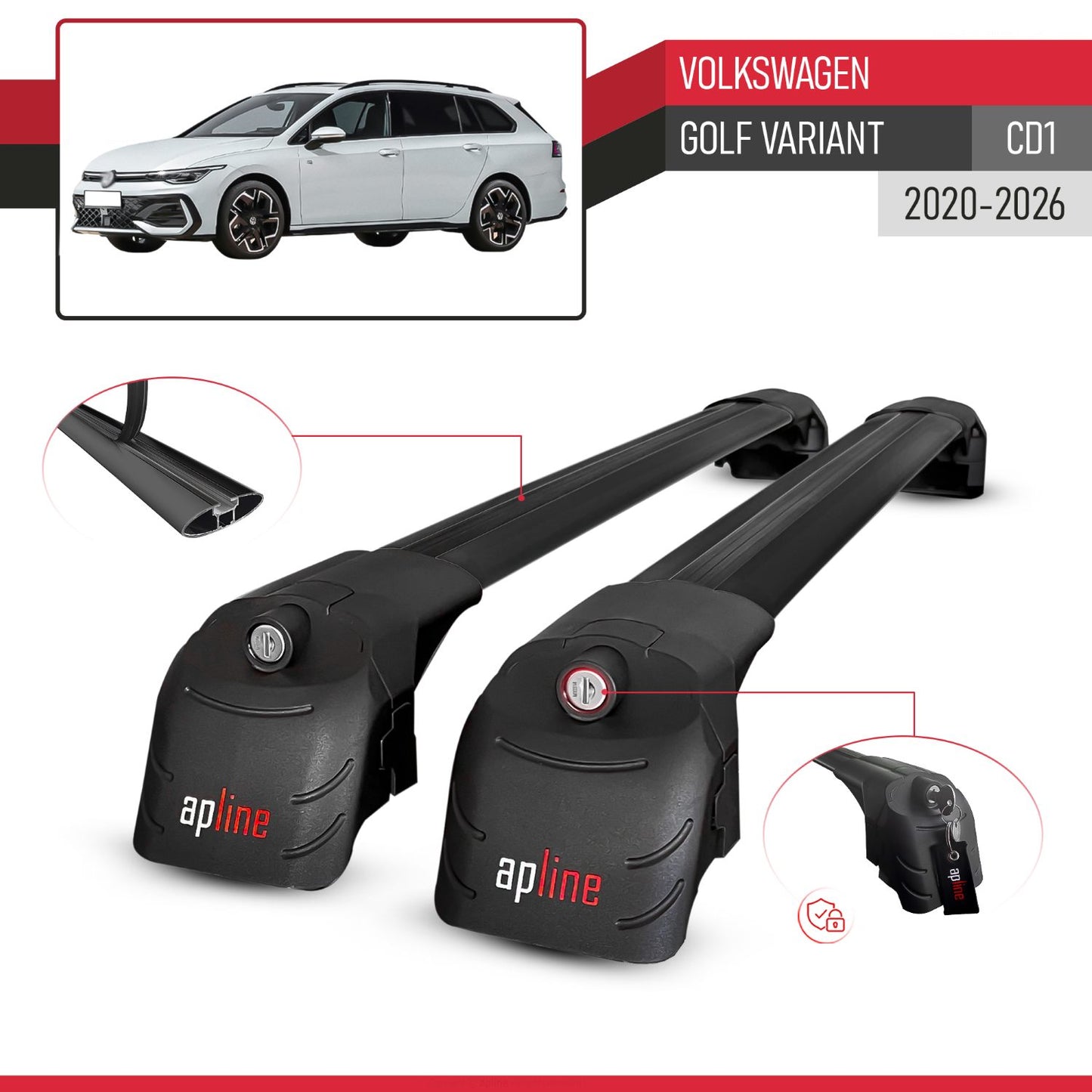 ACE-2 Dakdrager bagagedrager compatibel met Volkswagen Golf Variant 2024-2025 Spoorstaven Zwart Aluminium 2 Staven