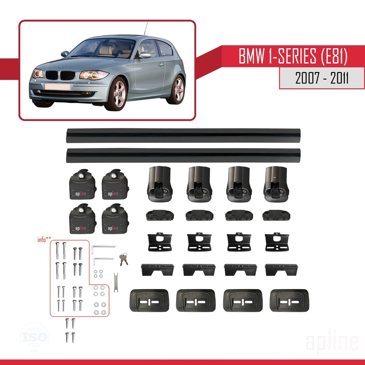 Compatible avec BMW Série 1 (E81) 2007-2011 ACE-3 Barres de Toit Railing Porte-Bagages de Voiture Noir Aluminium 2 Barres