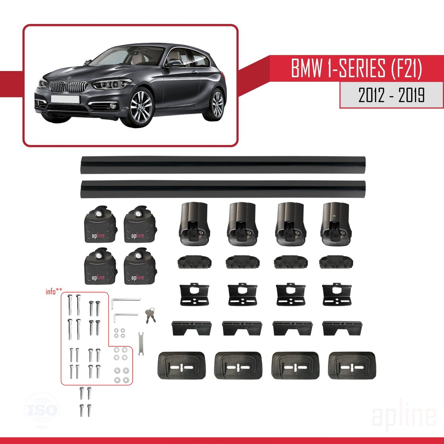 ACE-3 Dakdrager bagagedrager compatibel met BMW Serie 1 (F21) 2012-2019 Spoorstaven Zwart Aluminium 2 Staven