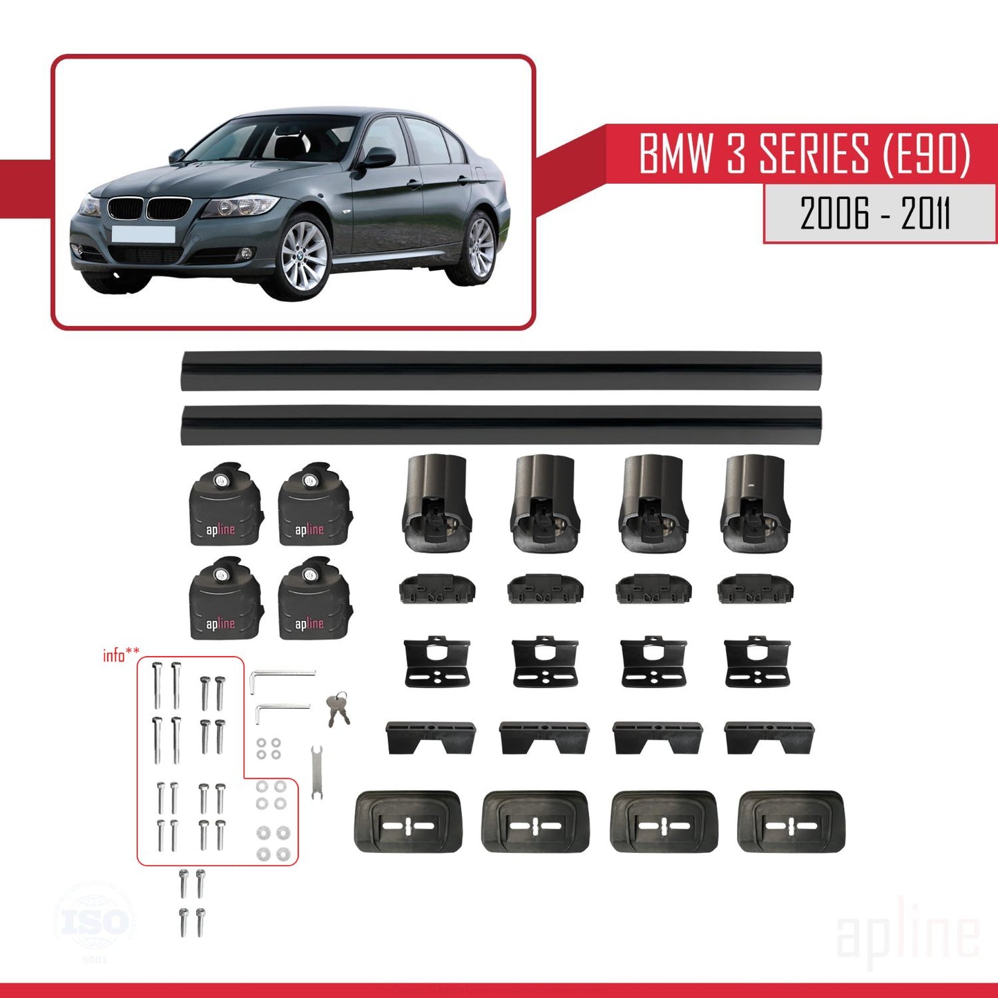 Compatible with BMW 3 Series (E90) 2006-2011 ACE-3 Car Roof Rack Cross Bar Black Aluminium 2 Bars