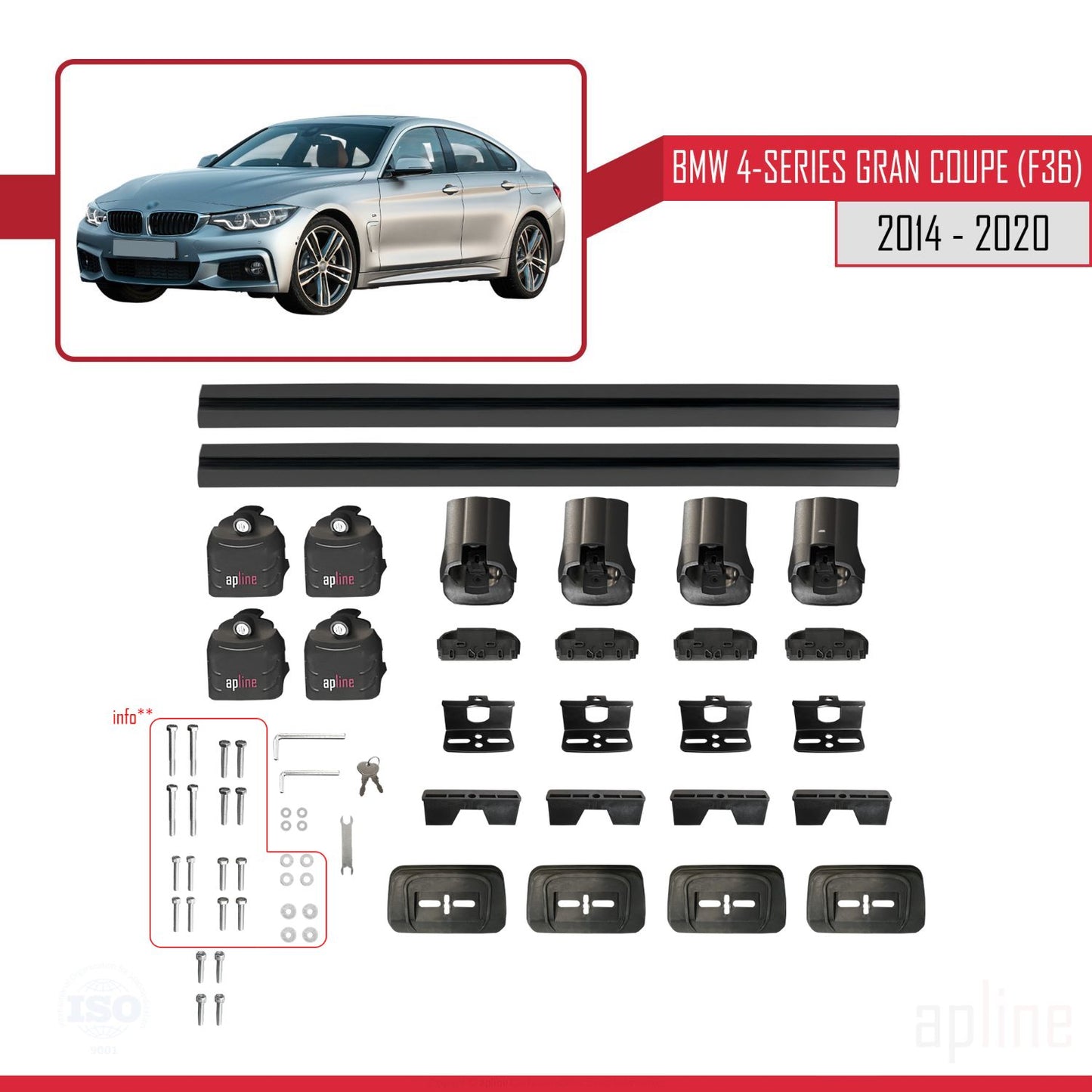 Compatible avec BMW Série 4 Gran Coupe (F36) 2014-2020 ACE-3 Barres de Toit Railing Porte-Bagages de Voiture Noir Aluminium 2 Barres