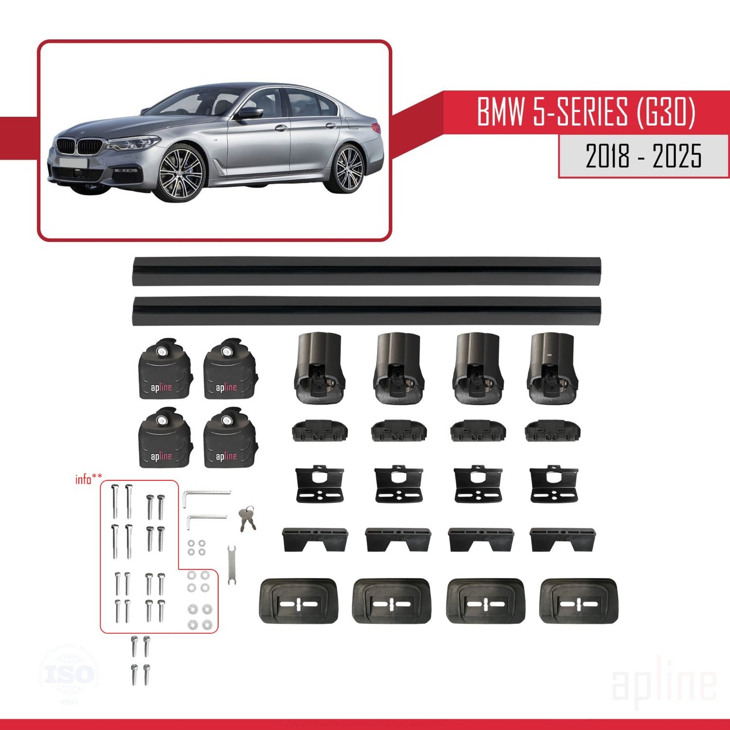 Compatible with BMW 5 Series (G30) 2018-2025 ACE-3 Car Roof Rack Cross Bar Black Aluminium 2 Bars