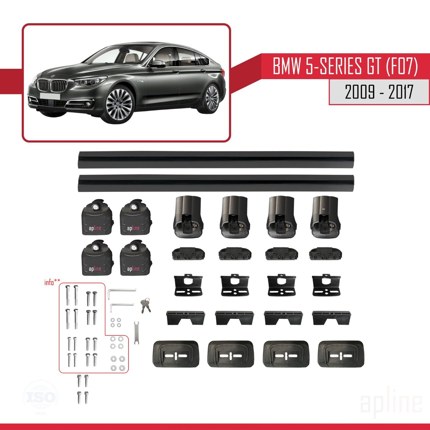 ACE-3 Dakdrager bagagedrager compatibel met BMW Serie 5 Gran Turismo (F07) 2009-2017 Spoorstaven Zwart Aluminium 2 Staven