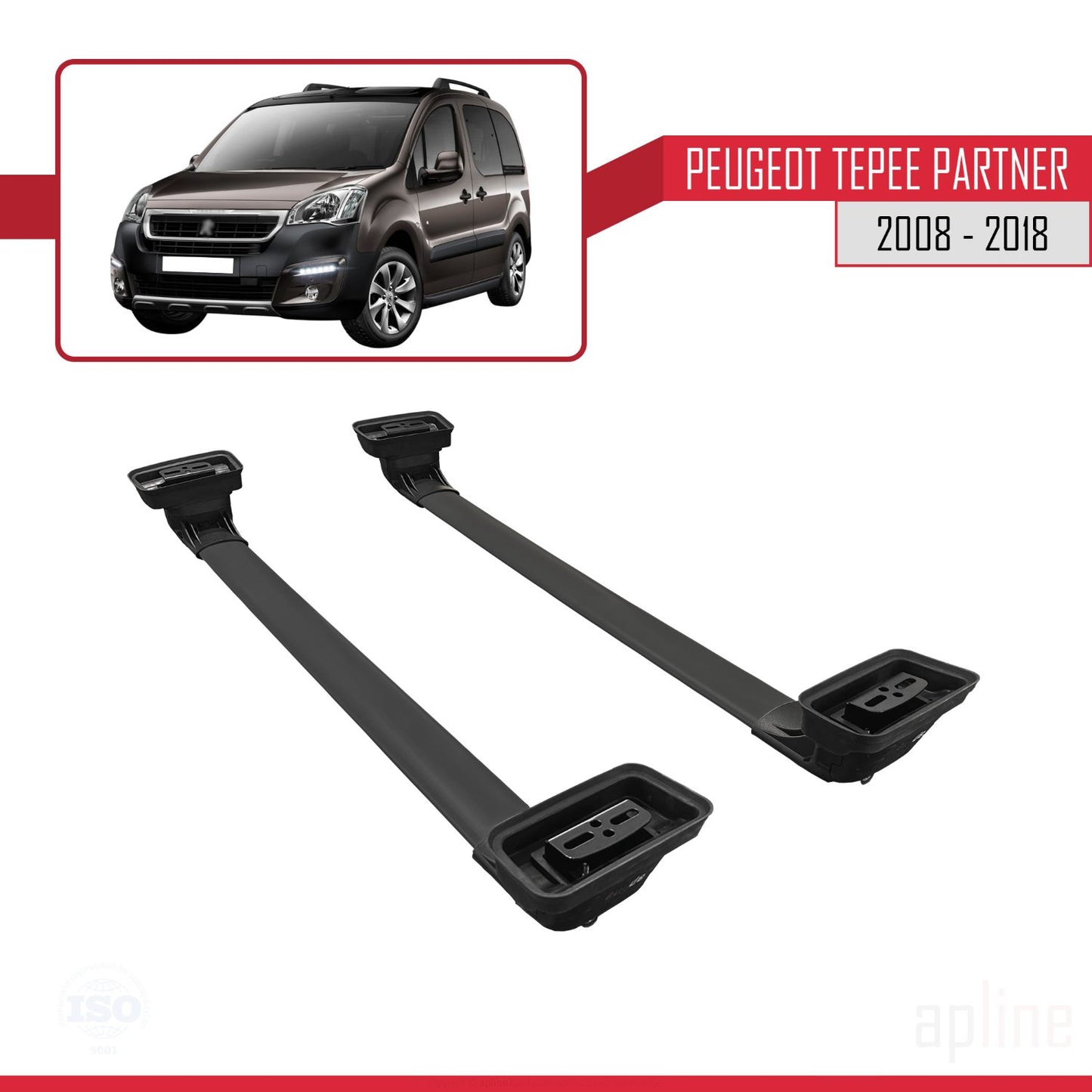 Compatible avec Peugeot Partner Tepee 2008-2018 ACE-3 Barres de Toit Railing Porte-Bagages de Voiture Noir Aluminium 2 Barres
