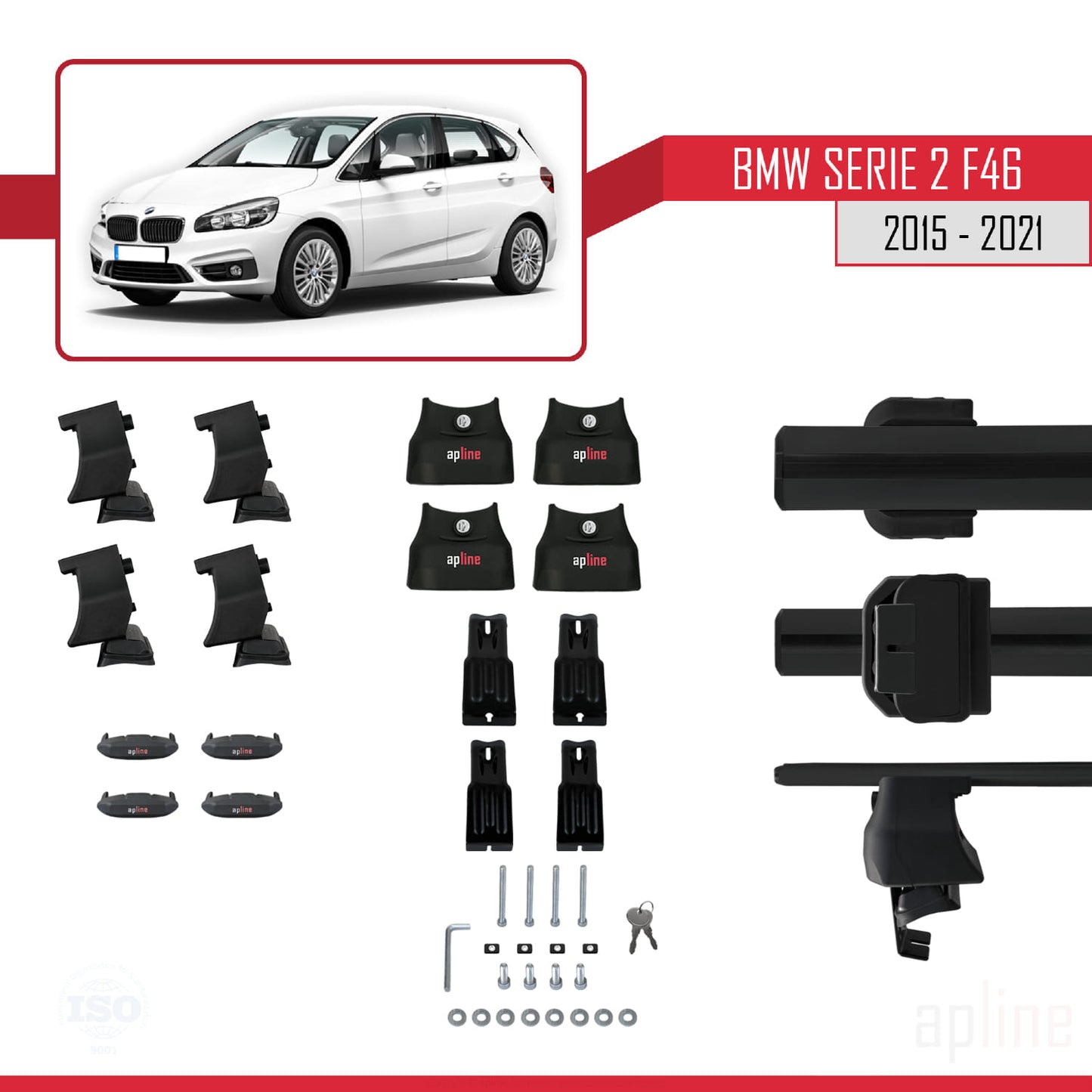 Compatible avec BMW Série 2 (F46) Gran Tourer 2015-2021 ACE-4 Barres de Toit Railing Porte-Bagages de Voiture Noir Aluminium 2 Barres