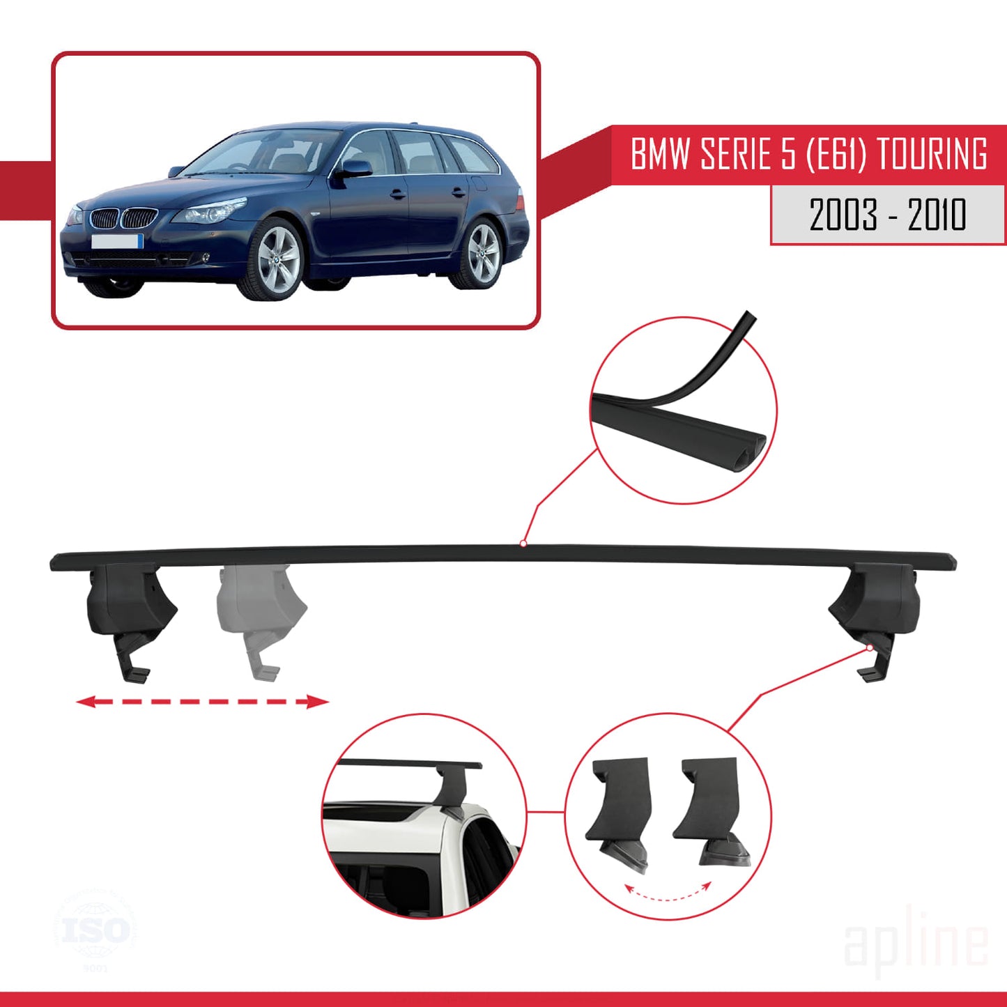 Compatible avec BMW Série 5 (E61) Touring 2004-2010 ACE-4 Barres de Toit Railing Porte-Bagages de Voiture Noir Aluminium 2 Barres